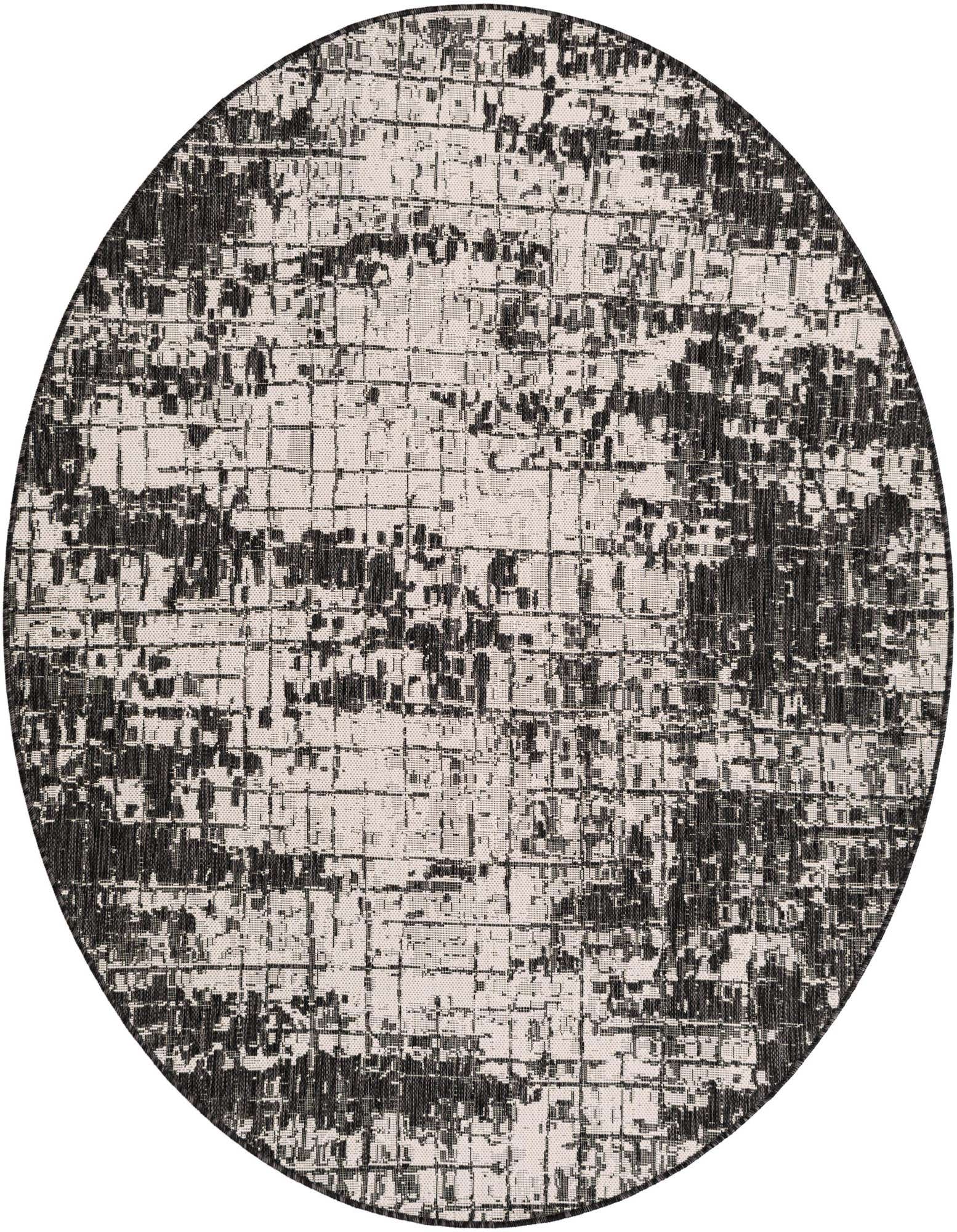 A 6' round black and white abstract rug with a distressed grid pattern, suitable for indoor or outdoor use.