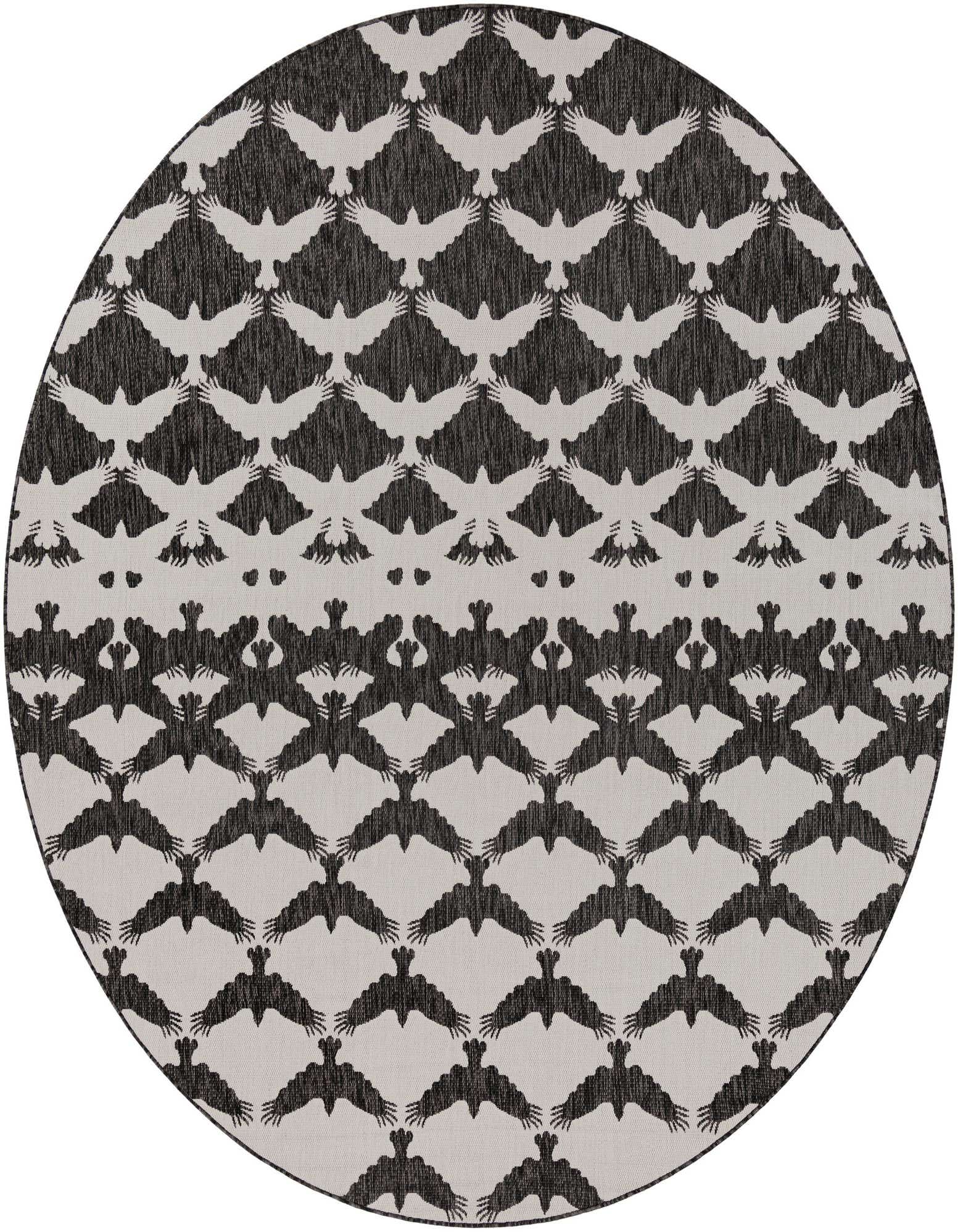 A 10' round black and white modern rug featuring a repeating pattern of flying bird silhouettes.