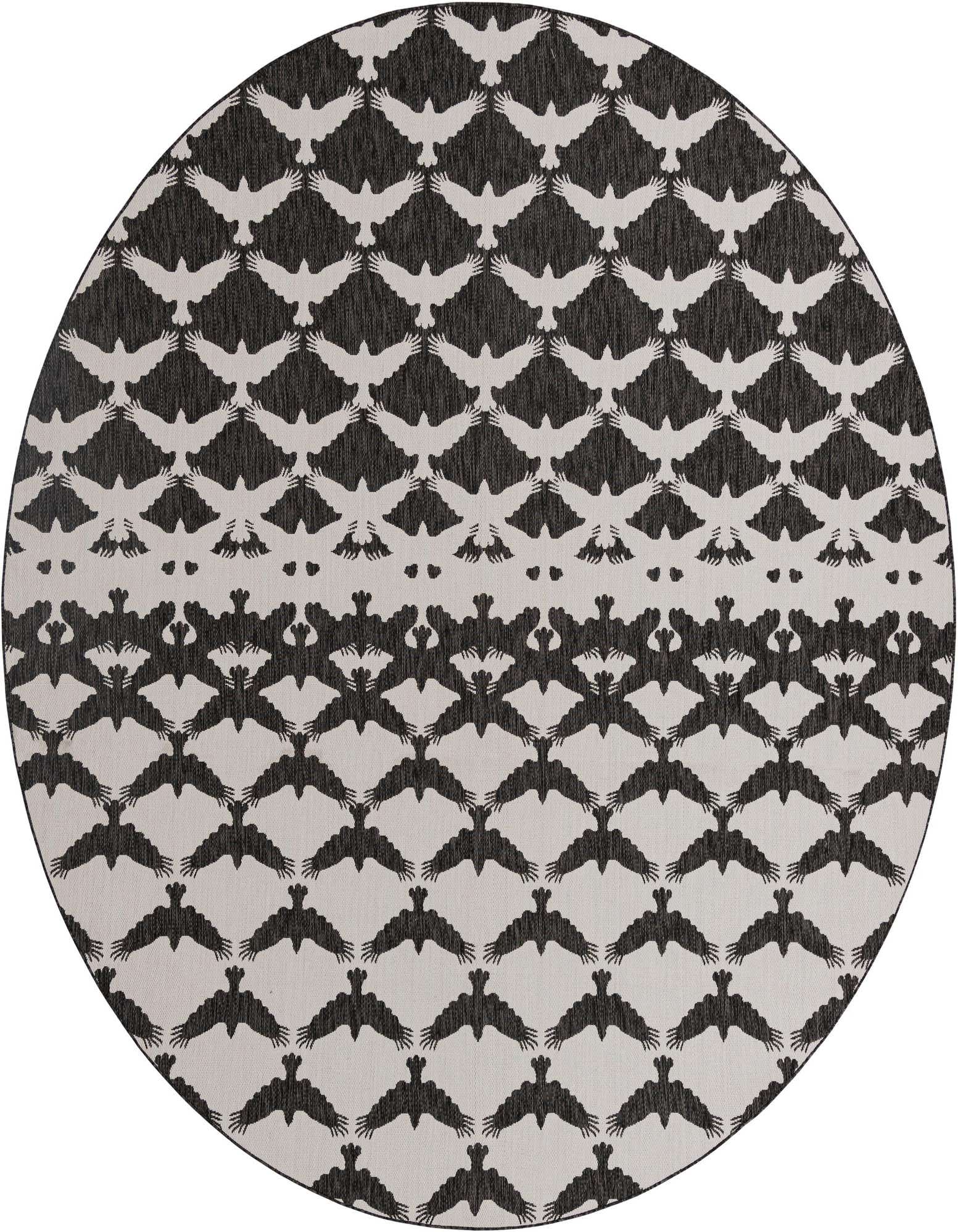 A 12' round black and white modern rug featuring an optical illusion pattern of flying birds, suitable for indoor or outdoor use.