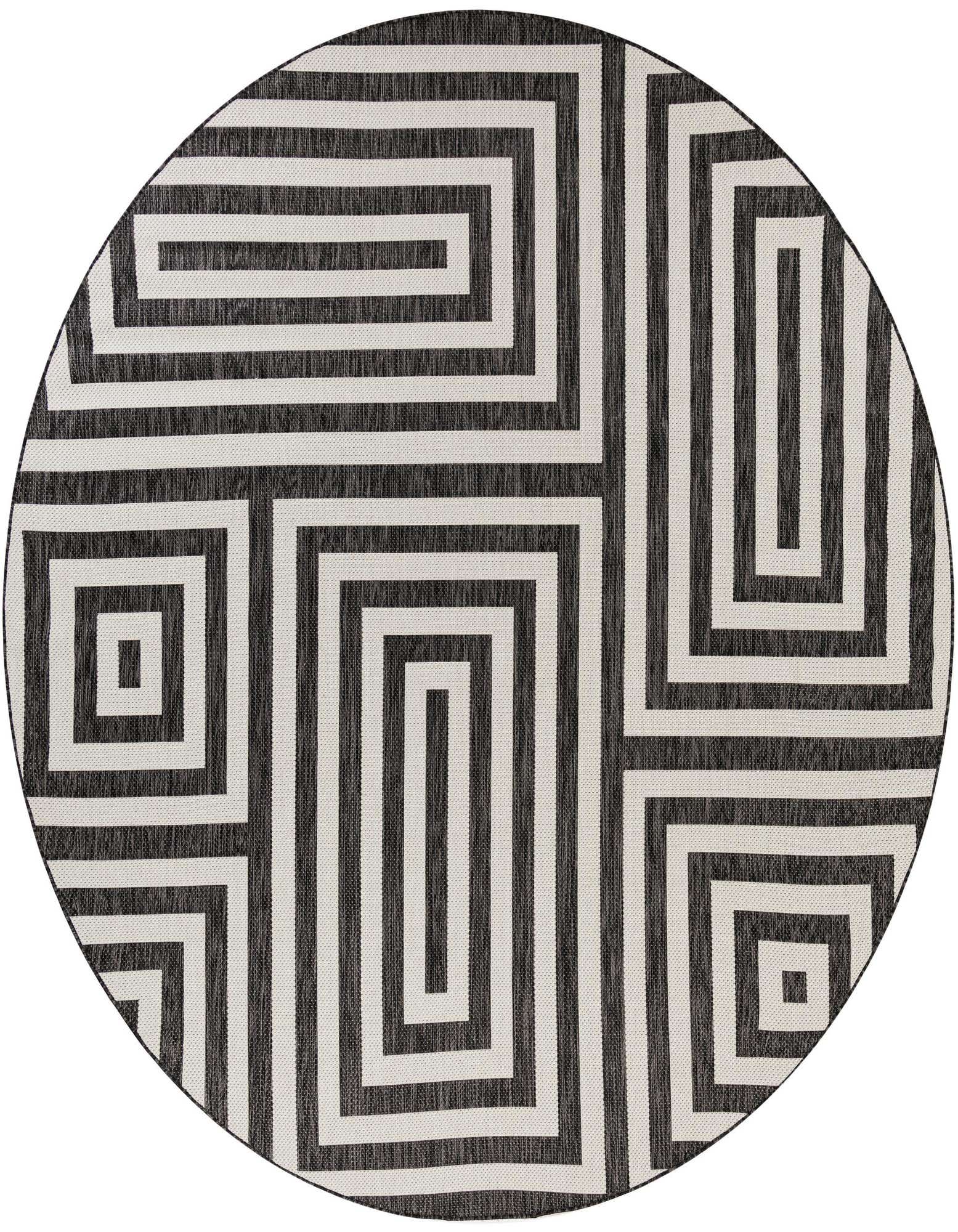 A 10' round black and white modern abstract rug with a bold geometric maze pattern, suitable for indoor or outdoor use.