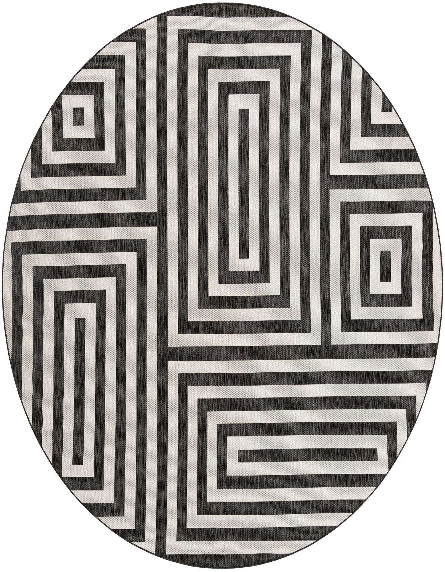 A 12' round black and white modern geometric rug with concentric rectangles, suitable for indoor or outdoor use.