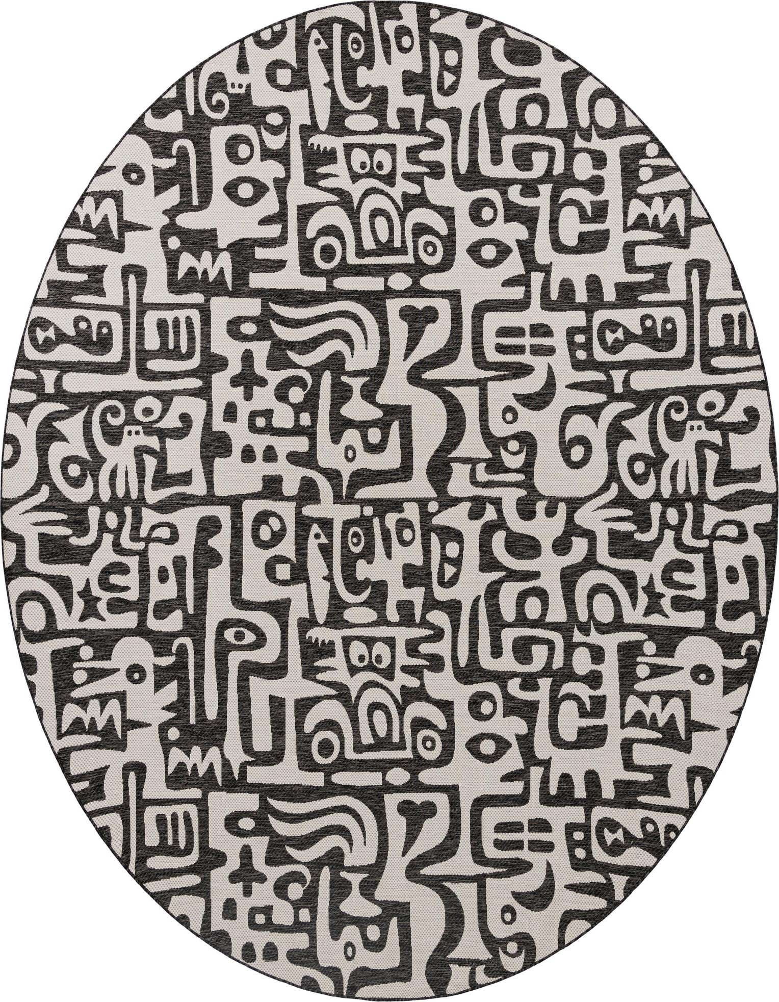 A 12' round black and white abstract modern rug from the Rugs.com Outdoor Modern collection, suitable for indoor/outdoor use.