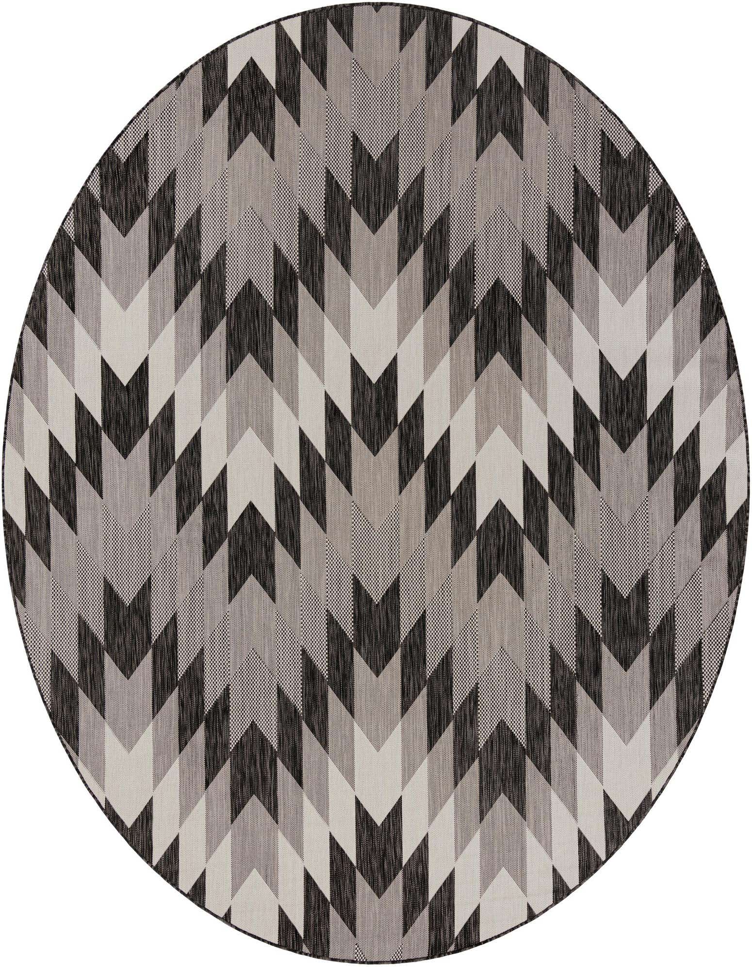A 10-foot round black, white, and grey Southwestern geometric rug with a flatweave texture, suitable for indoor or outdoor use.