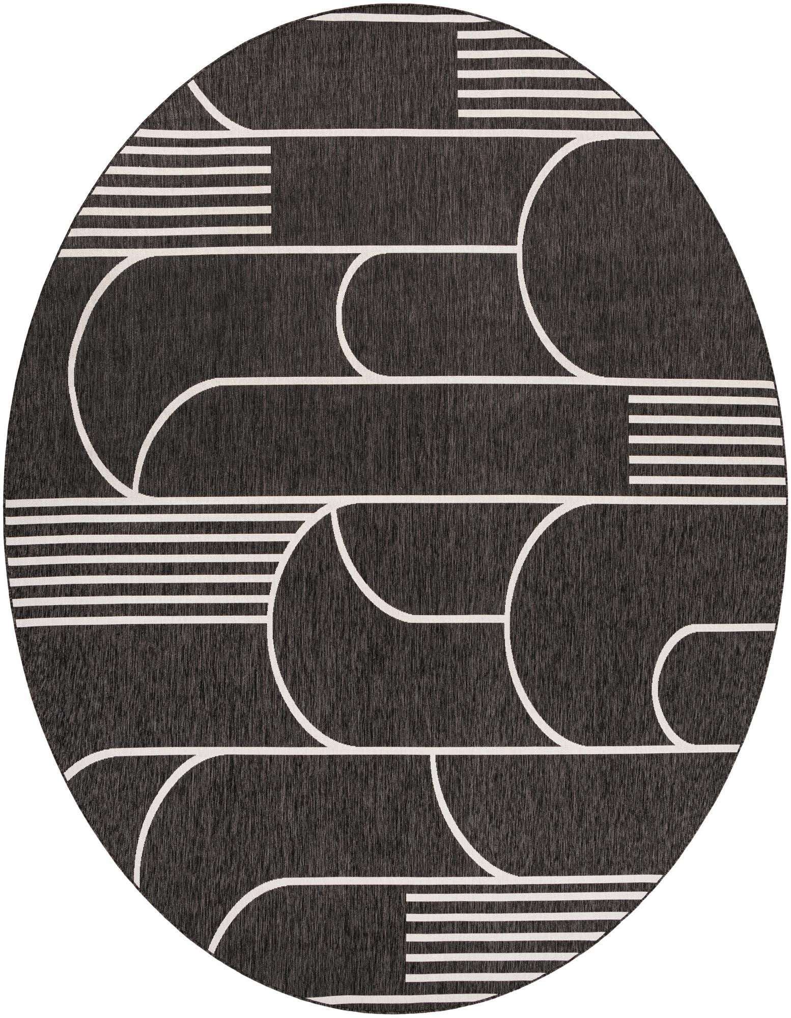 A 13' round black and white modern outdoor rug with a geometric pattern of curved and straight lines.