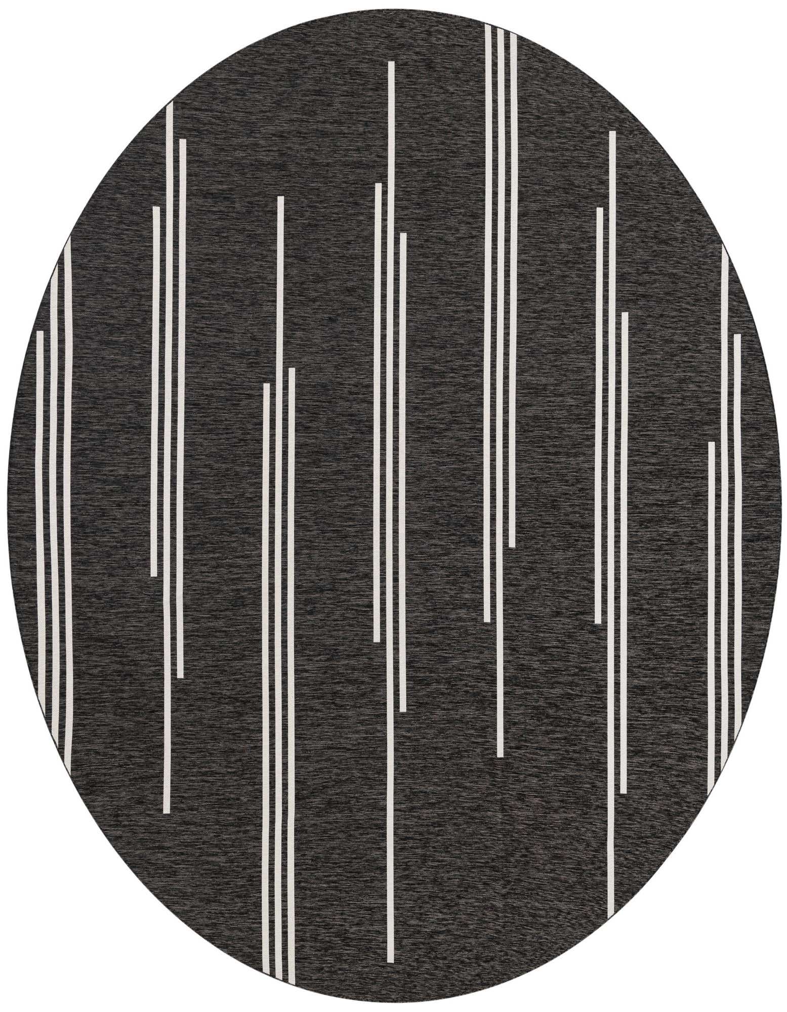 A 13-foot round black modern rug with vertical white and cream stripes of varying lengths, suitable for indoor or outdoor use.