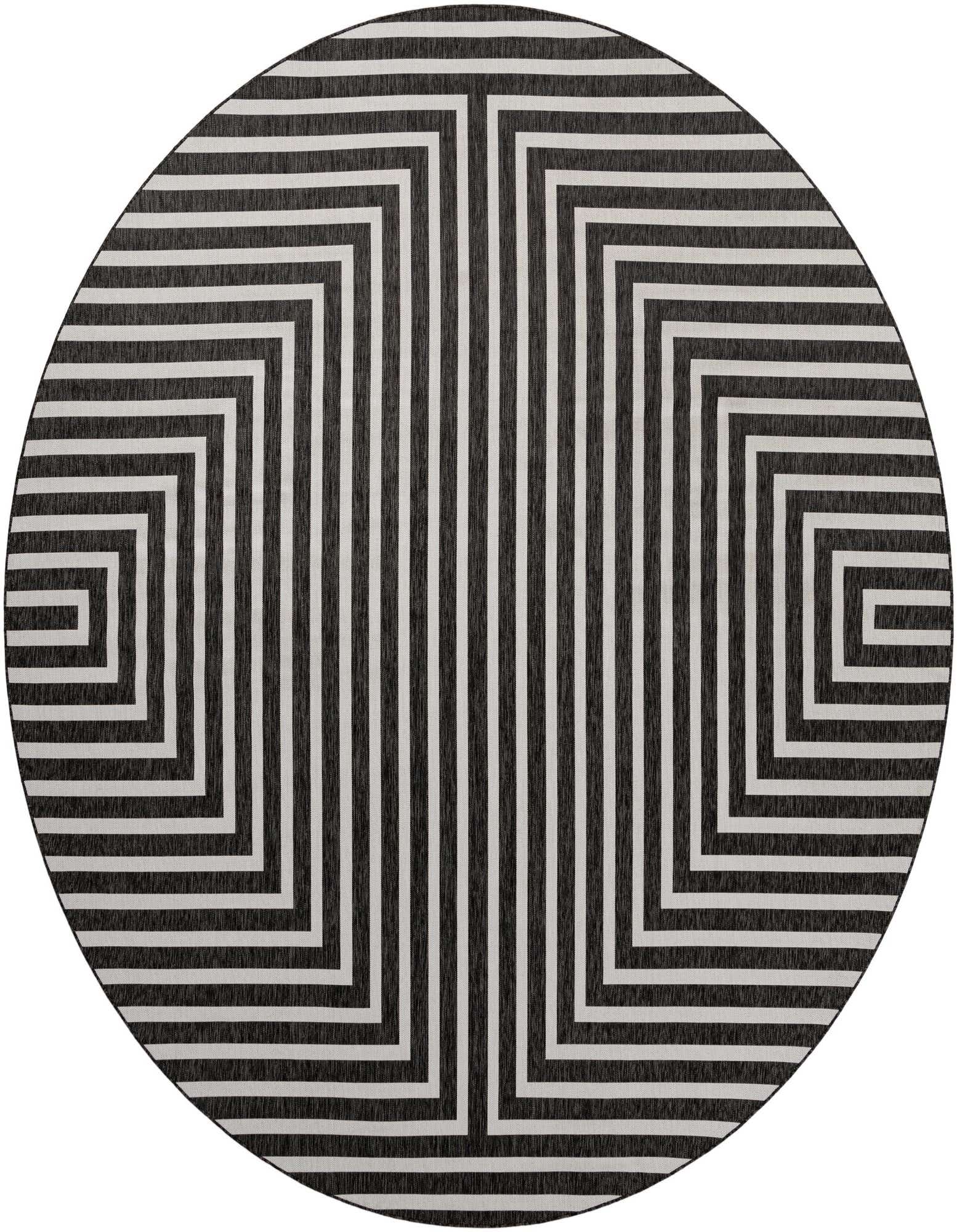 Rugs.com Outdoor Modern 13' round rug featuring a bold black and white geometric stripe pattern, ideal for a patio.