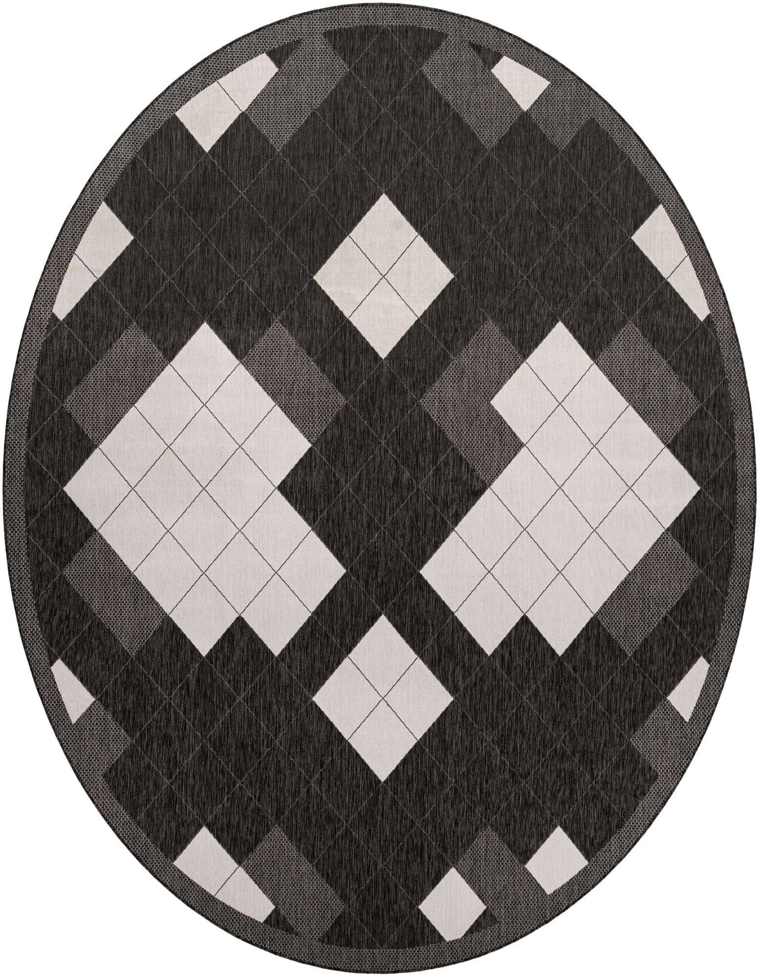A large round black and ivory modern rug with a geometric argyle pattern, suitable for indoor or outdoor use.