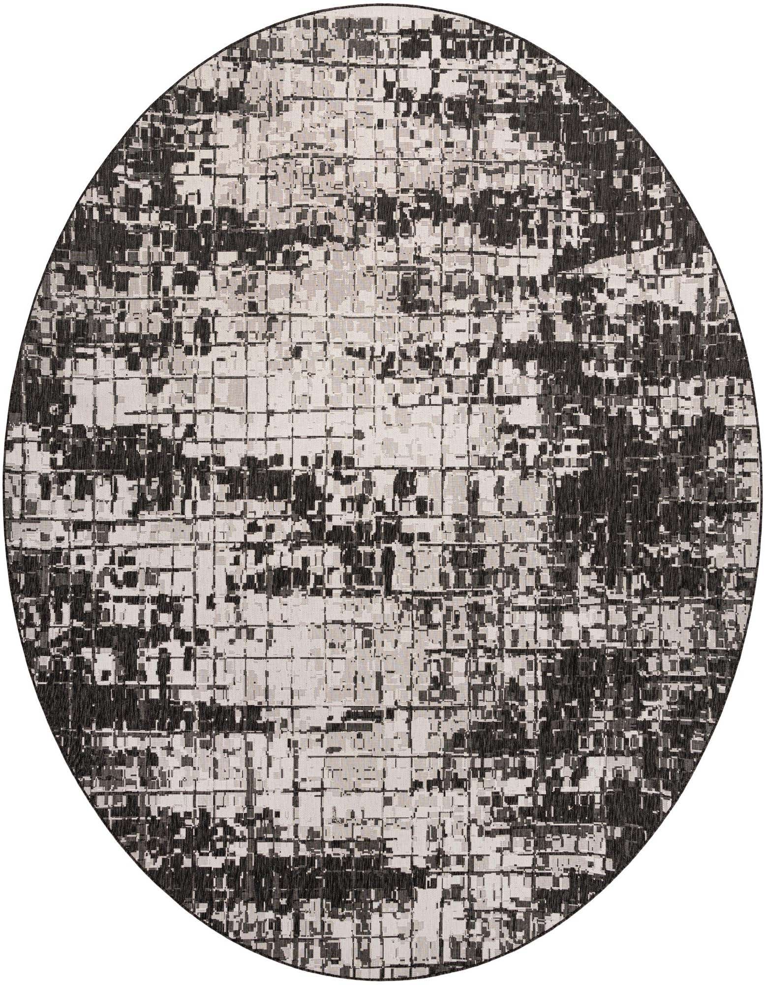 A large round black and white modern rug with an abstract, textured grid pattern, suitable for indoor or outdoor use.