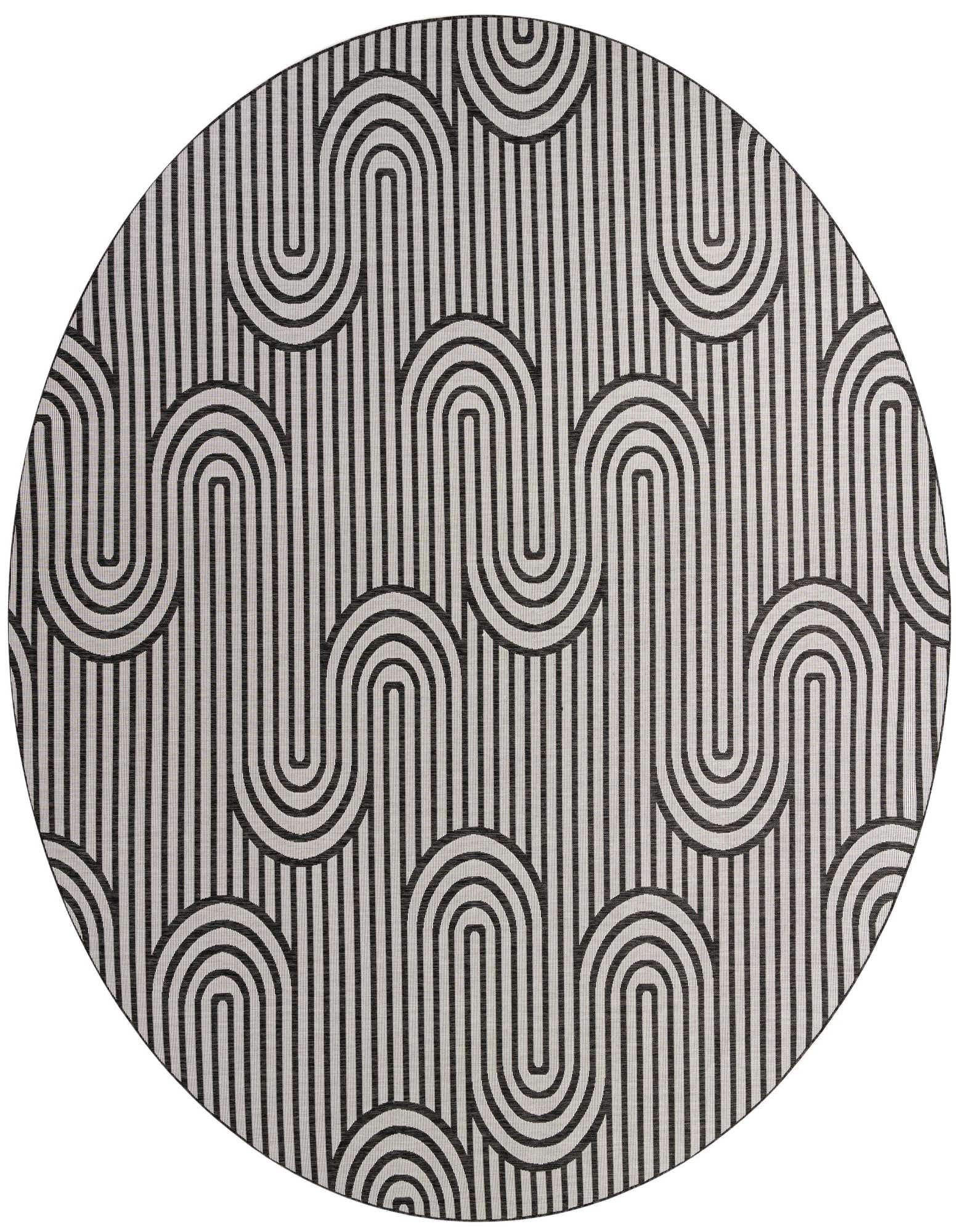 A 13' round black and white modern rug with a bold geometric wave and stripe pattern, suitable for indoor or outdoor use.