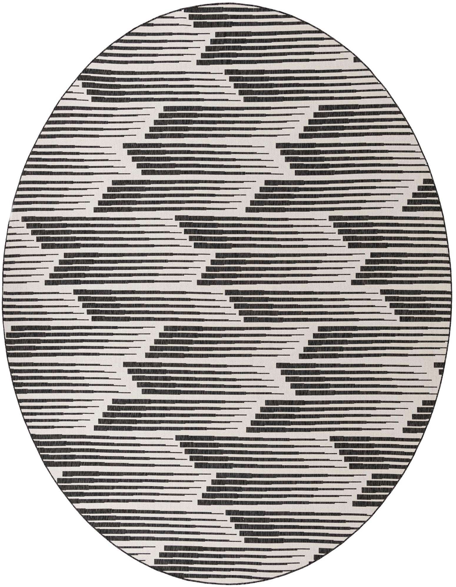 A 13' round black and white modern flatweave rug with a dynamic striped geometric pattern, suitable for indoor or outdoor use.
