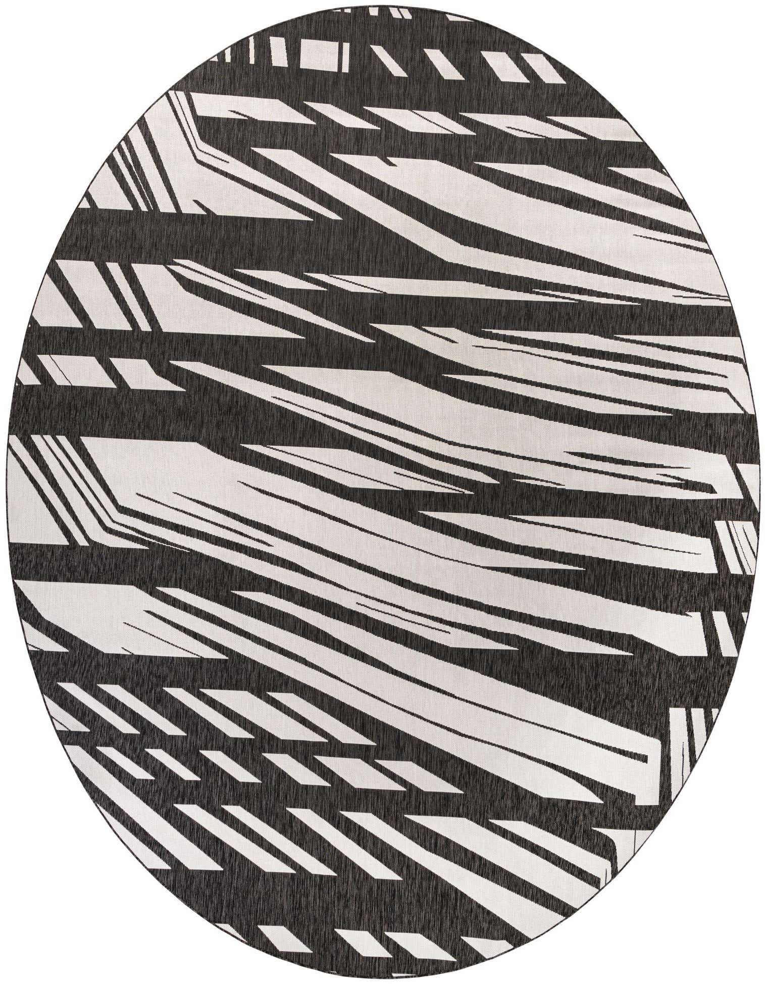 A 13-foot round black and white abstract rug with a modern, flatweave design, suitable for indoor or outdoor use.