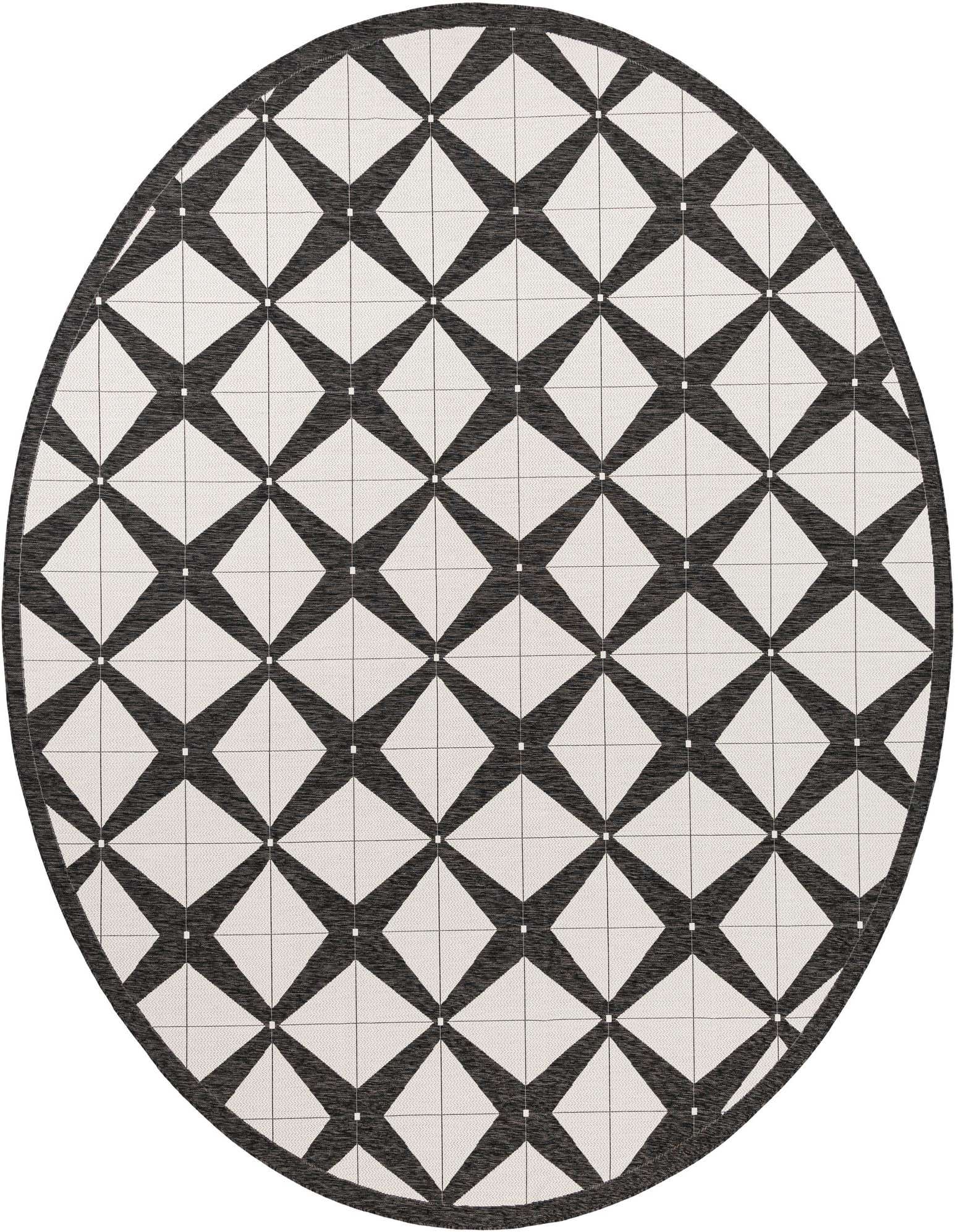 A 13-foot round black and white modern geometric rug with a bold diamond pattern, suitable for a patio.