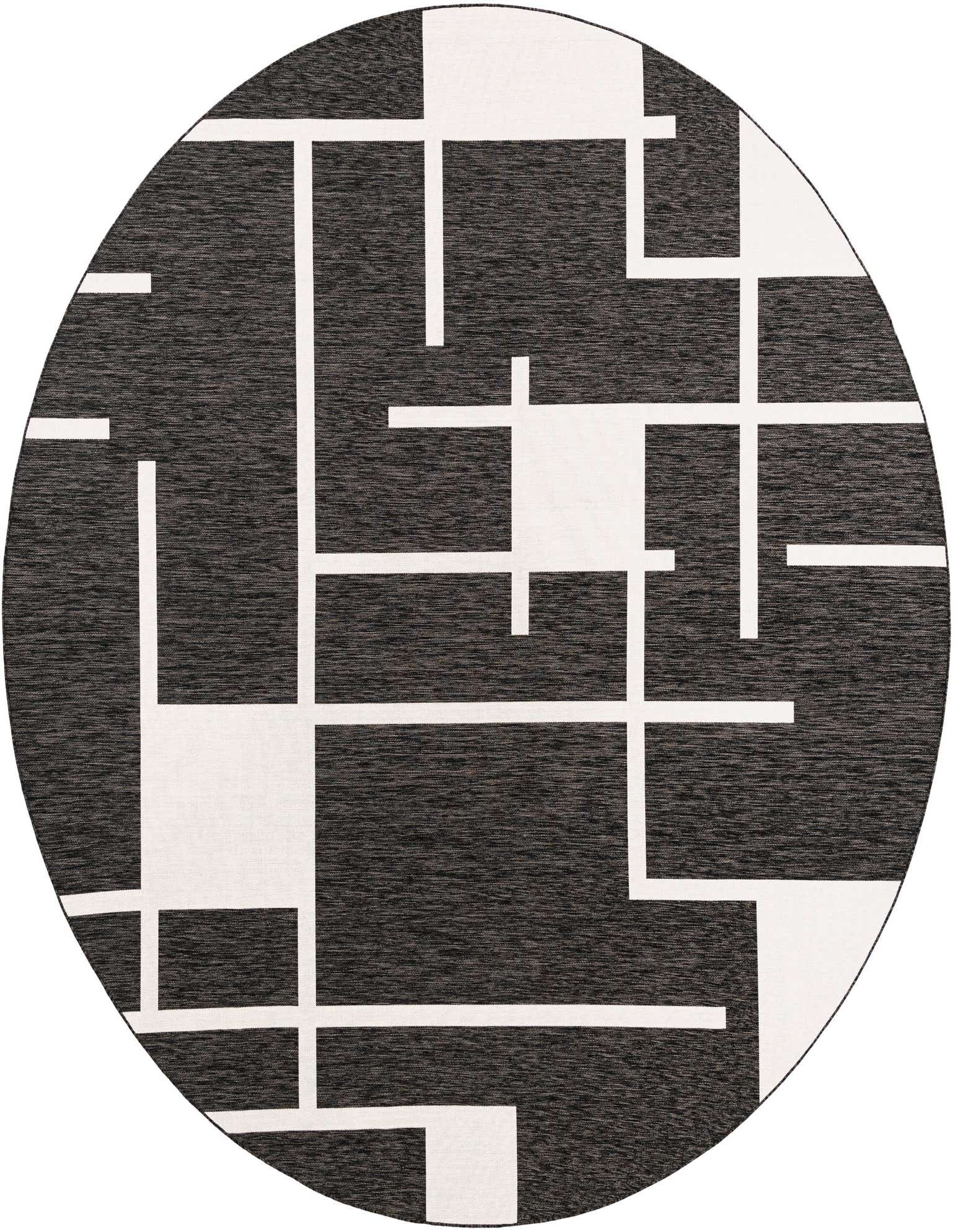 A 13' round black and white modern rug with a geometric maze-like pattern, suitable for indoor or outdoor use.
