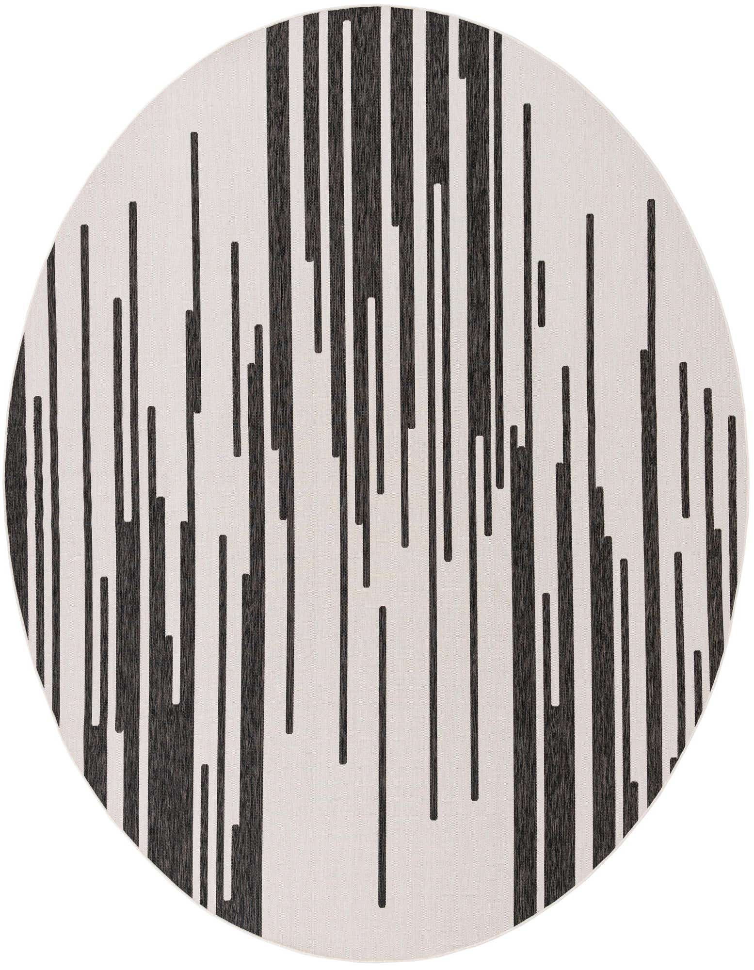 A 13-foot round Rugs.com Outdoor Modern rug with a black and white abstract linear pattern, ideal for a patio.