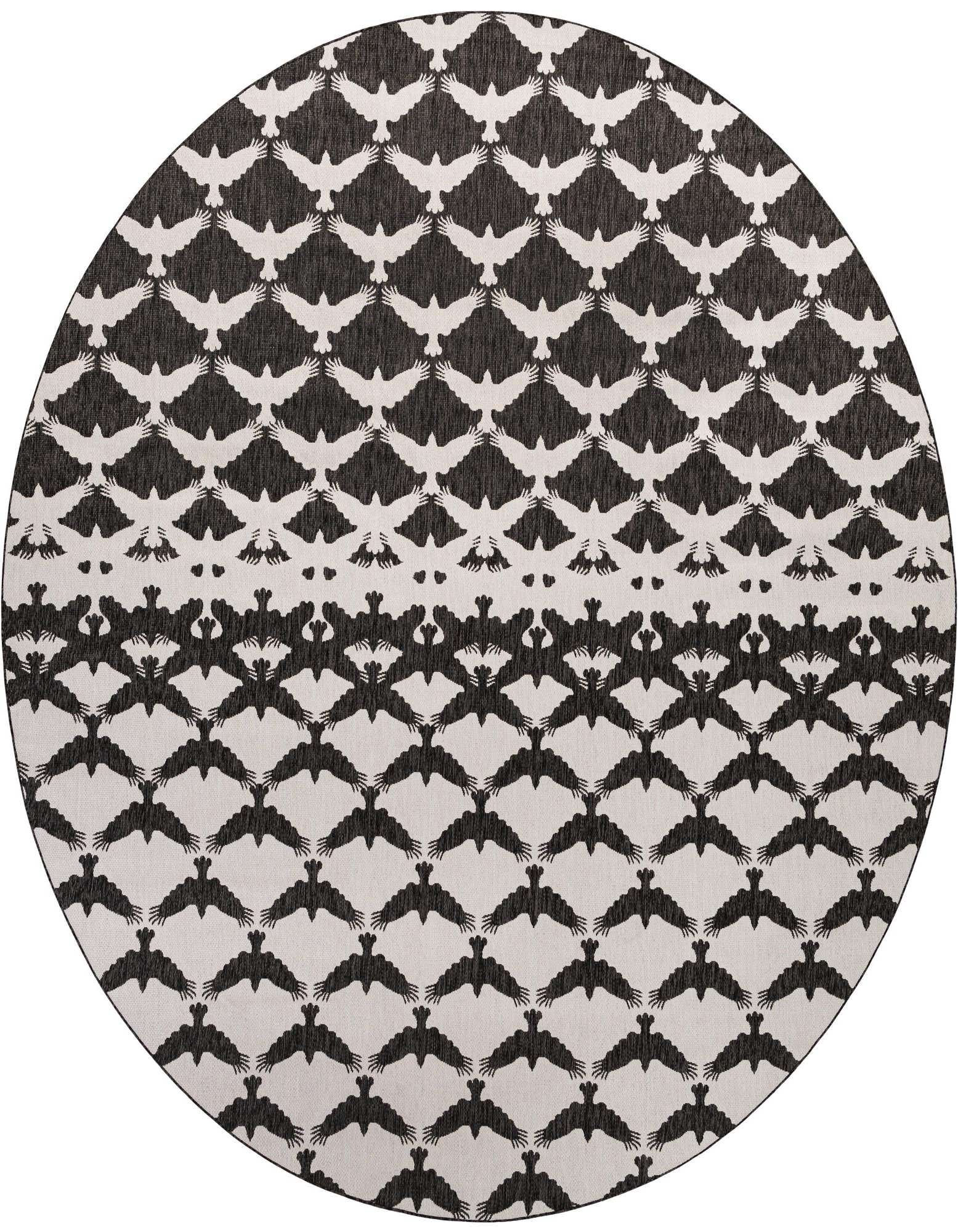 A large round black and white modern rug with a repeating bird pattern, suitable for indoor or outdoor use.