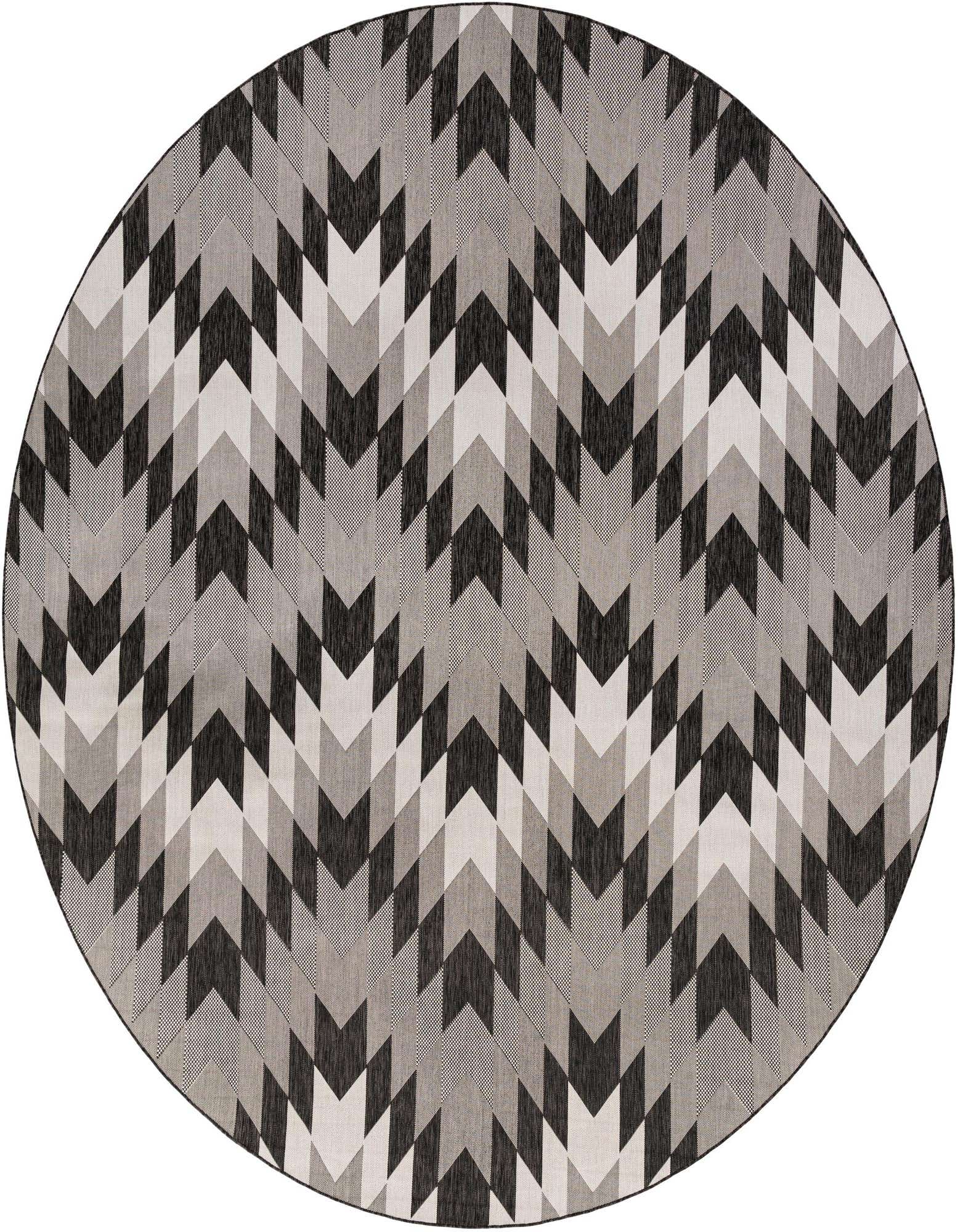 Rugs.com Outdoor Modern 13' round rug with a geometric chevron pattern in shades of black, white, and gray.
