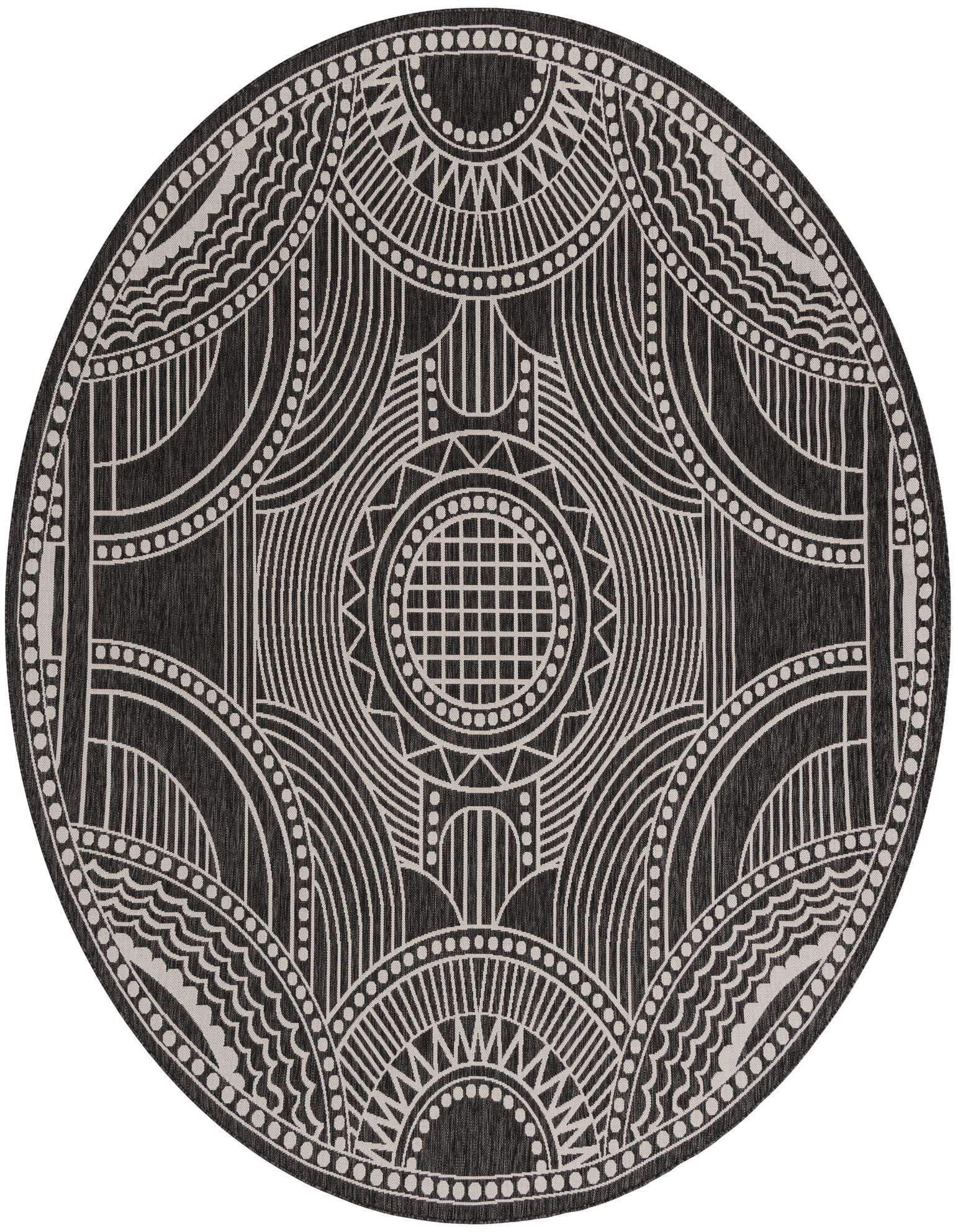 A 10' round black and white indoor/outdoor rug with a bold contemporary medallion pattern, ideal for a patio.