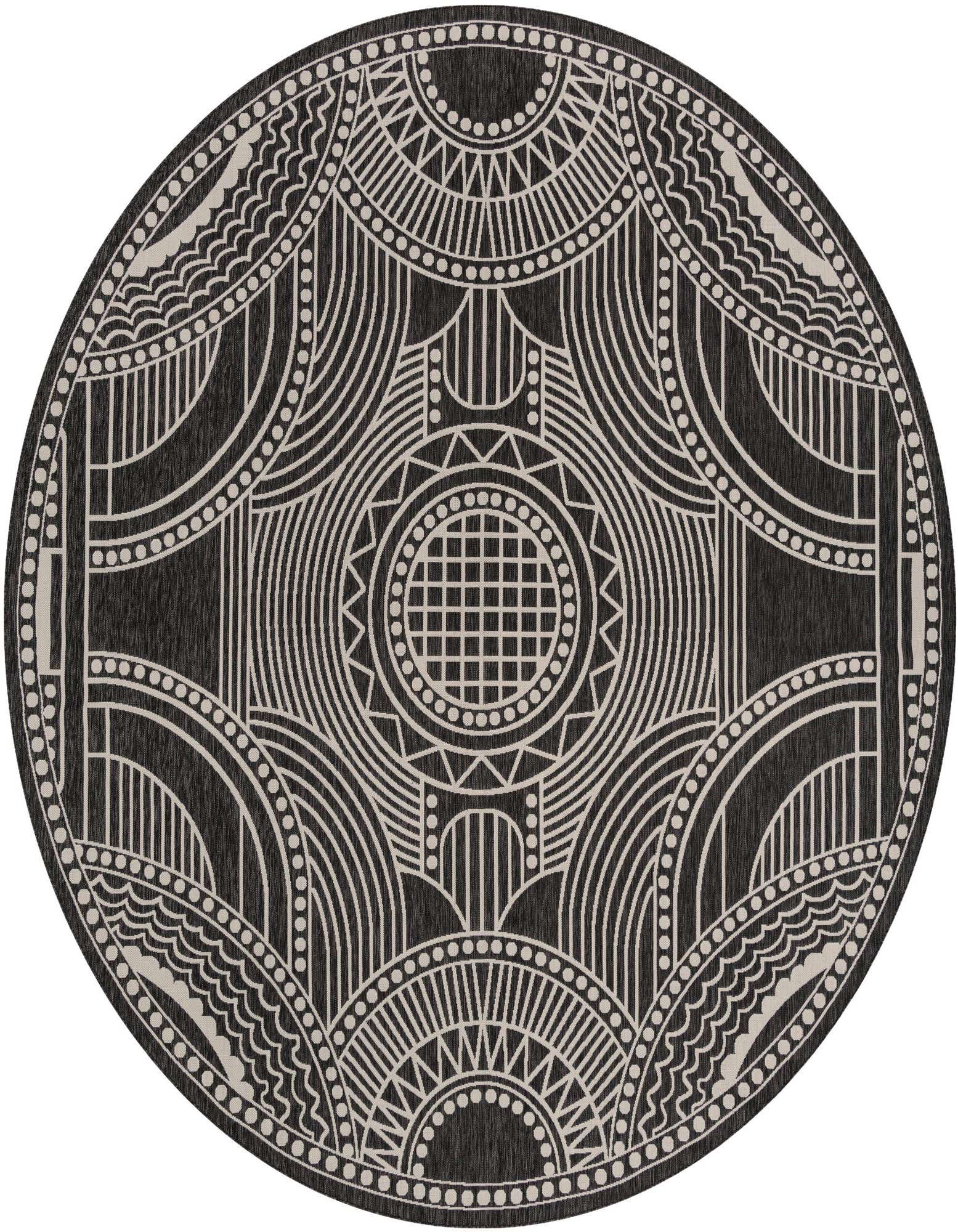A 12' round black and ivory rug with a contemporary medallion pattern, ideal for indoor or outdoor use.