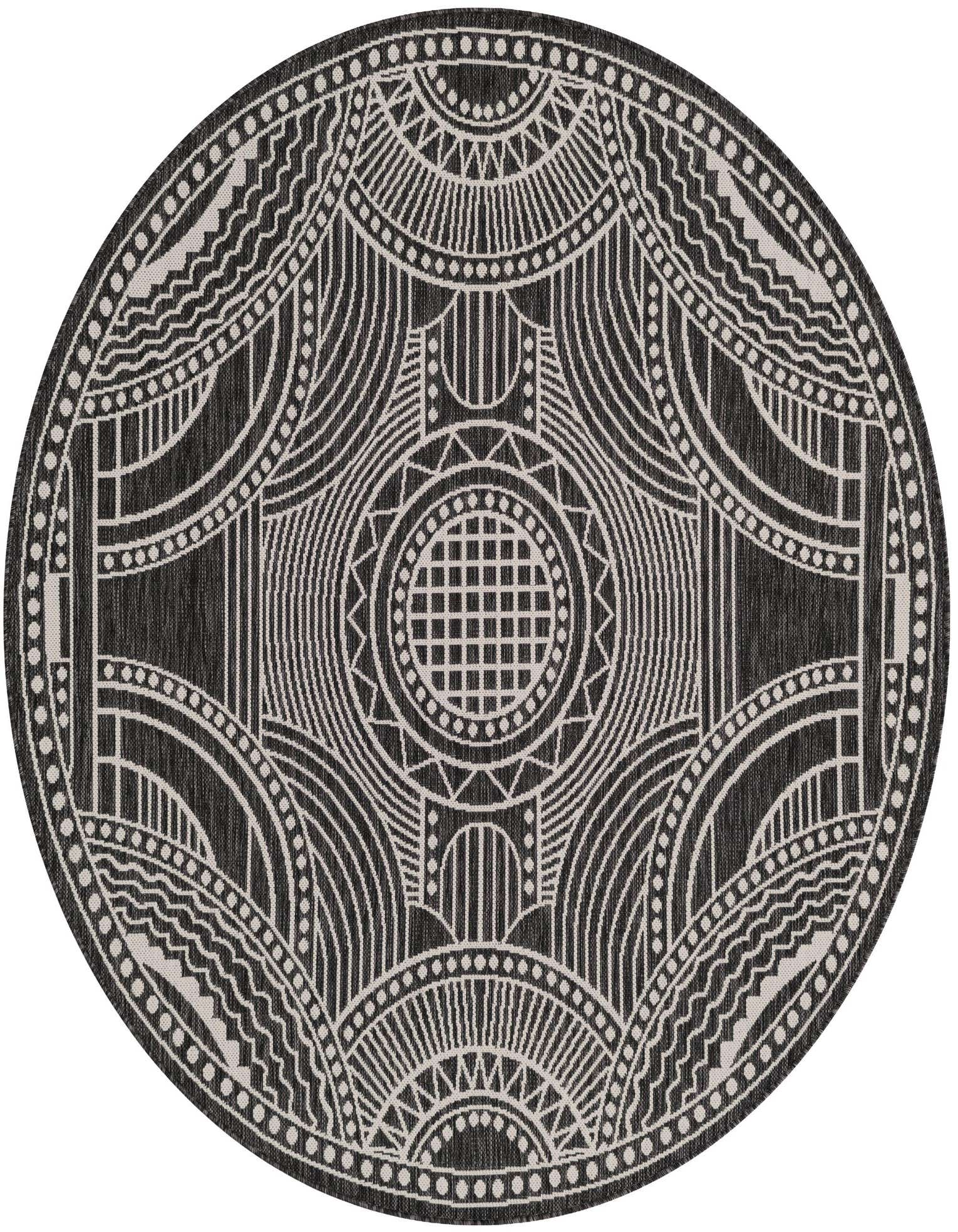 A 6' round black and white outdoor rug with a detailed medallion pattern, ideal for a patio.