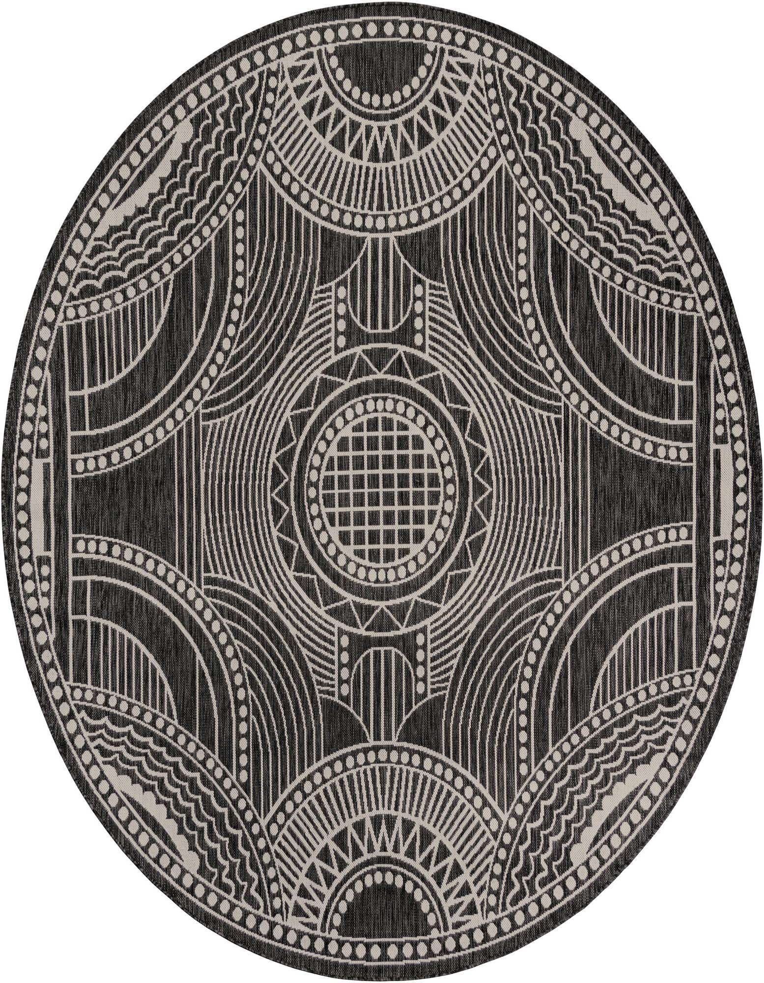 A 7' 10 round black and white outdoor rug with a contemporary medallion pattern, ideal for a patio.