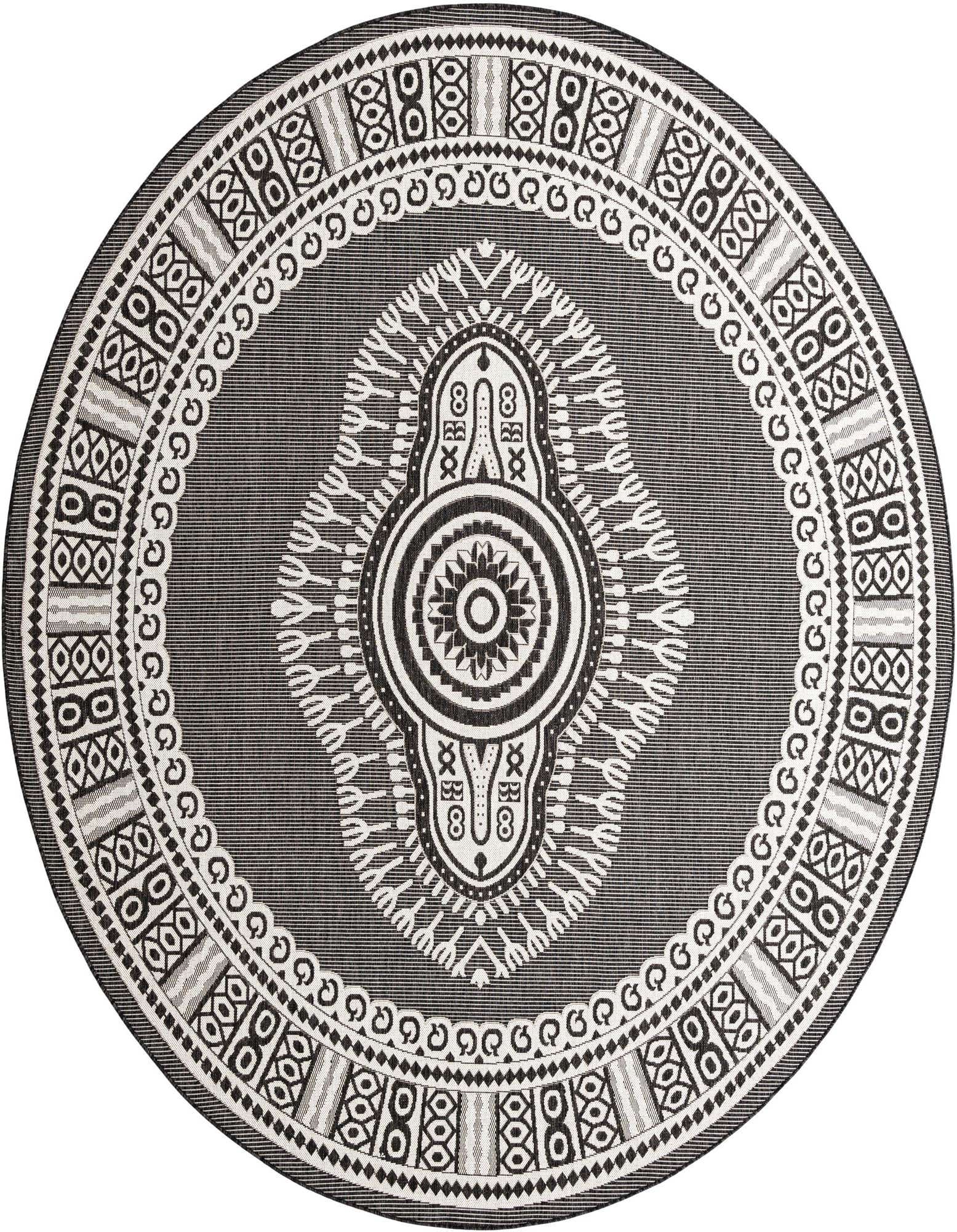 A 10' round black and white outdoor rug with a central medallion and intricate traditional patterns.