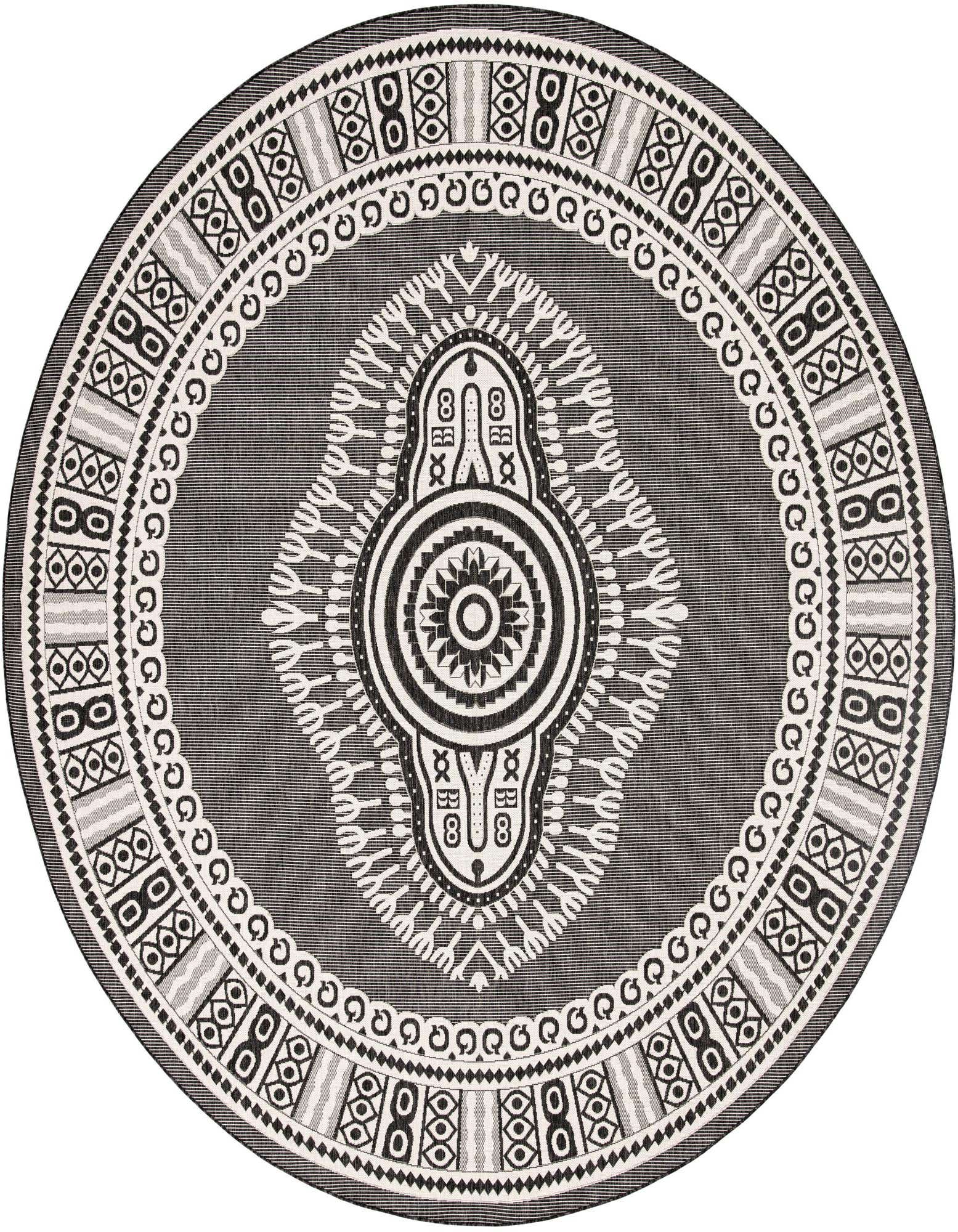 A 12' round black and white medallion rug with intricate traditional and modern patterns, suitable for indoor or outdoor use.