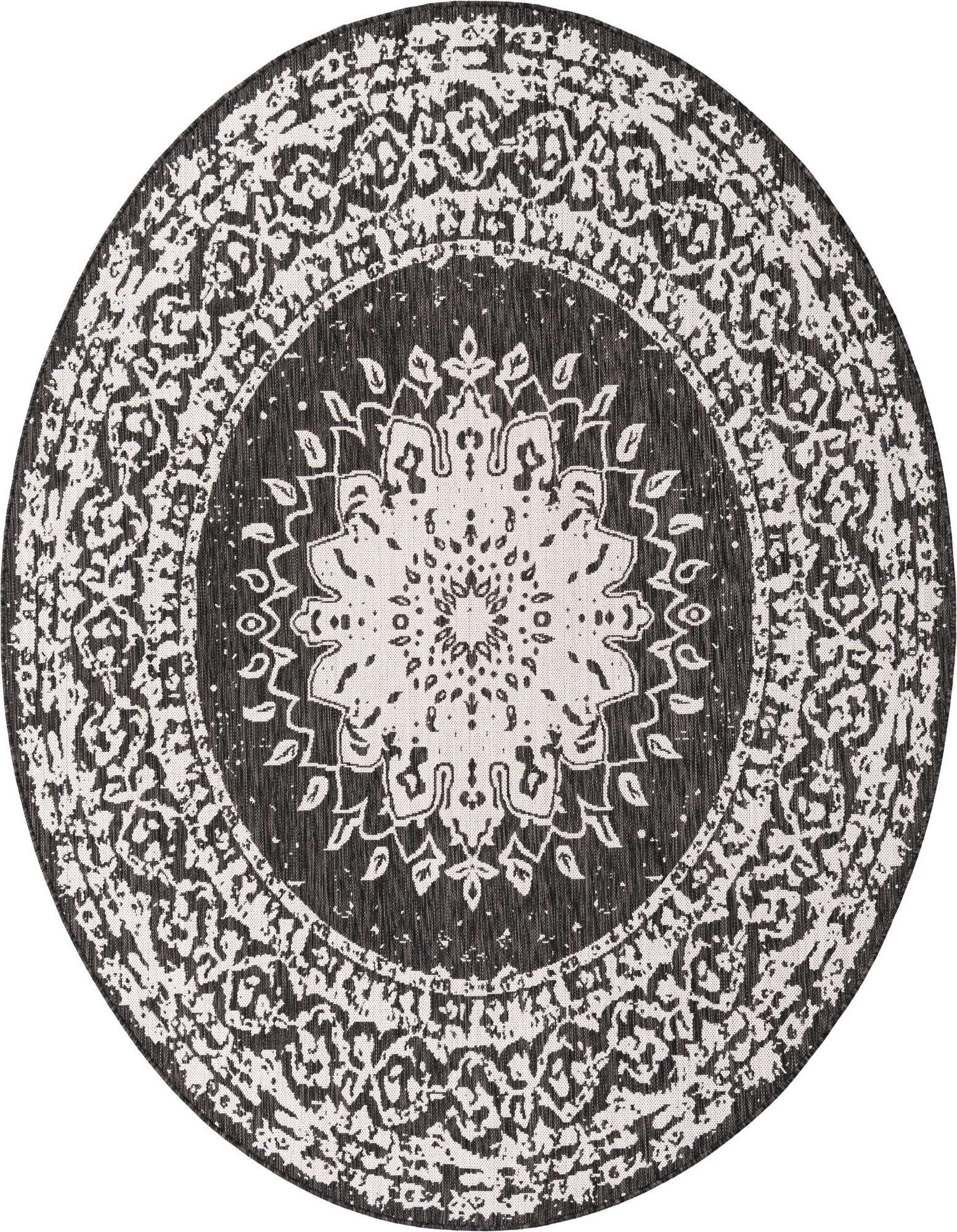 A round 7' 10 x 7' 10 black and white medallion rug with a distressed traditional pattern, suitable for a patio.