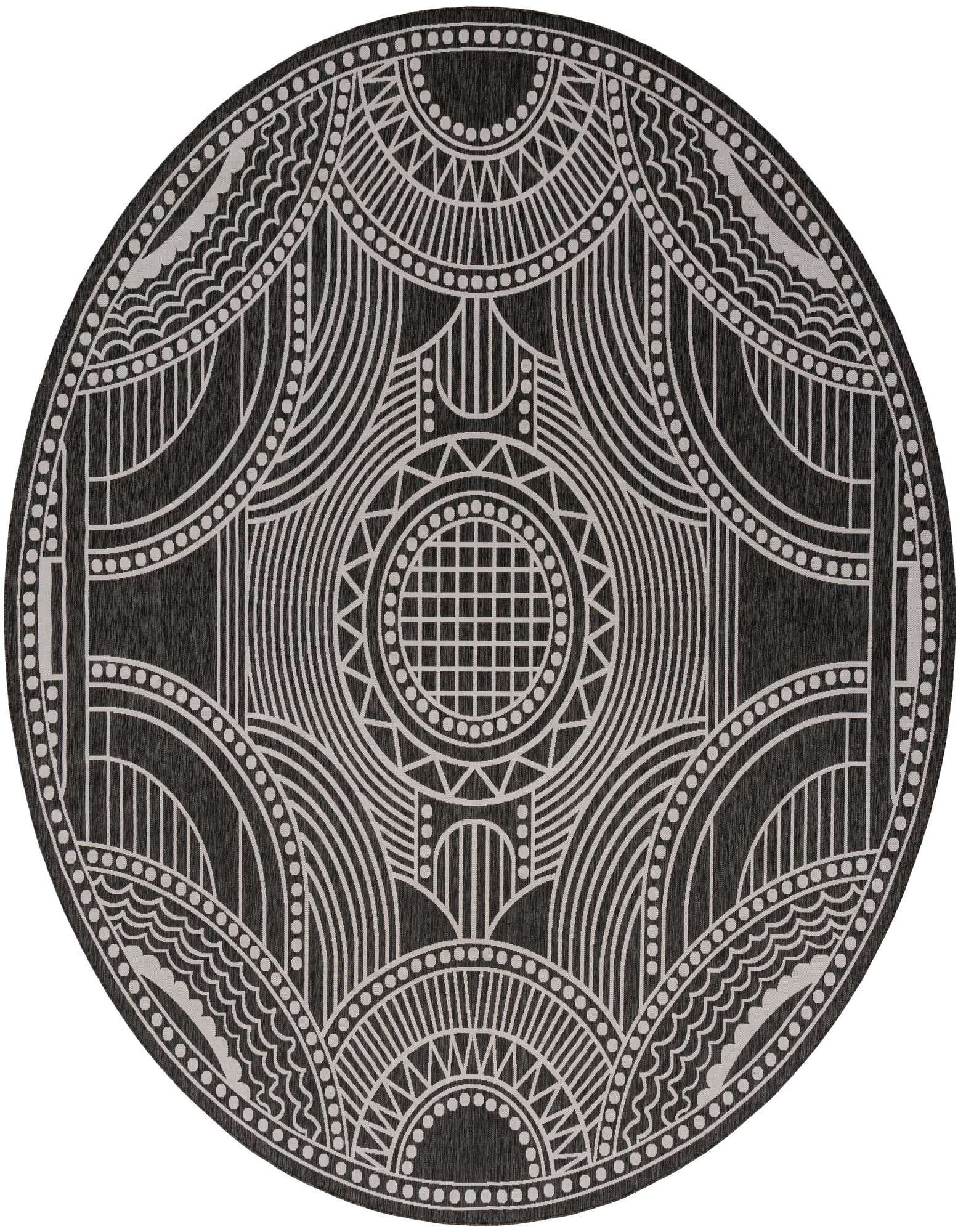 A large round black and white modern rug with intricate geometric patterns, ideal for indoor or outdoor use.