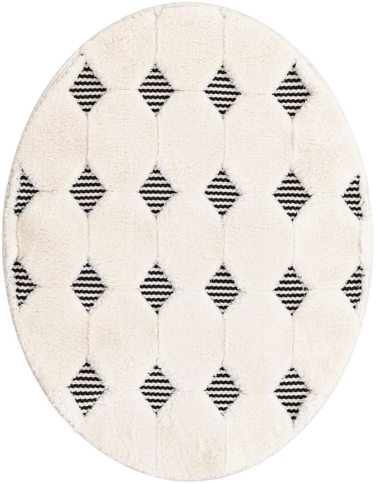 A round, cream-colored rug with a textured pile, featuring a repeating pattern of black striped diamond shapes.