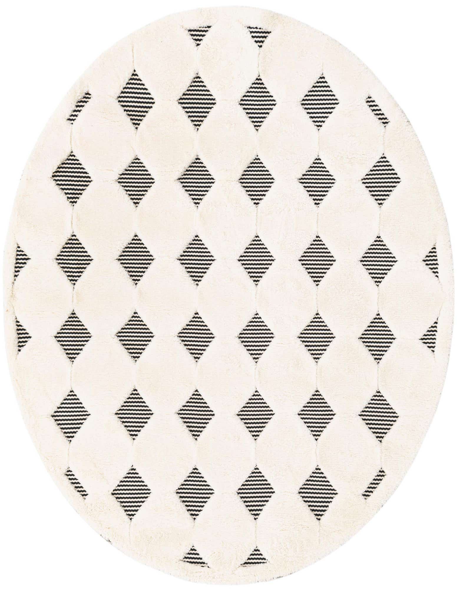 A round 6' 0 x 6' 0 black and white rug featuring a textured geometric diamond pattern on a cream background.