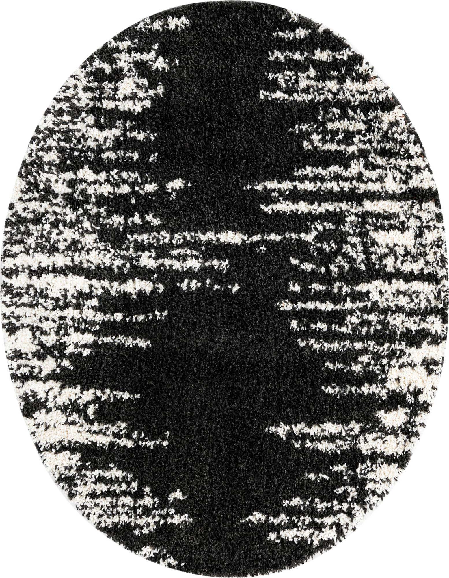 A round black and white shag rug with an abstract, textured pattern, perfect for a modern living space.
