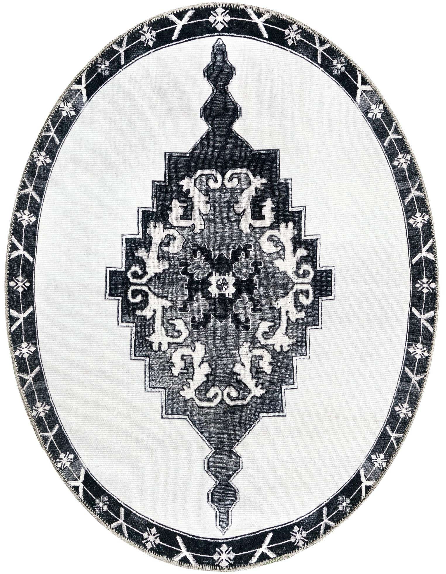 Round black and white Oriental rug with a central medallion and patterned border, showcasing a vintage style.