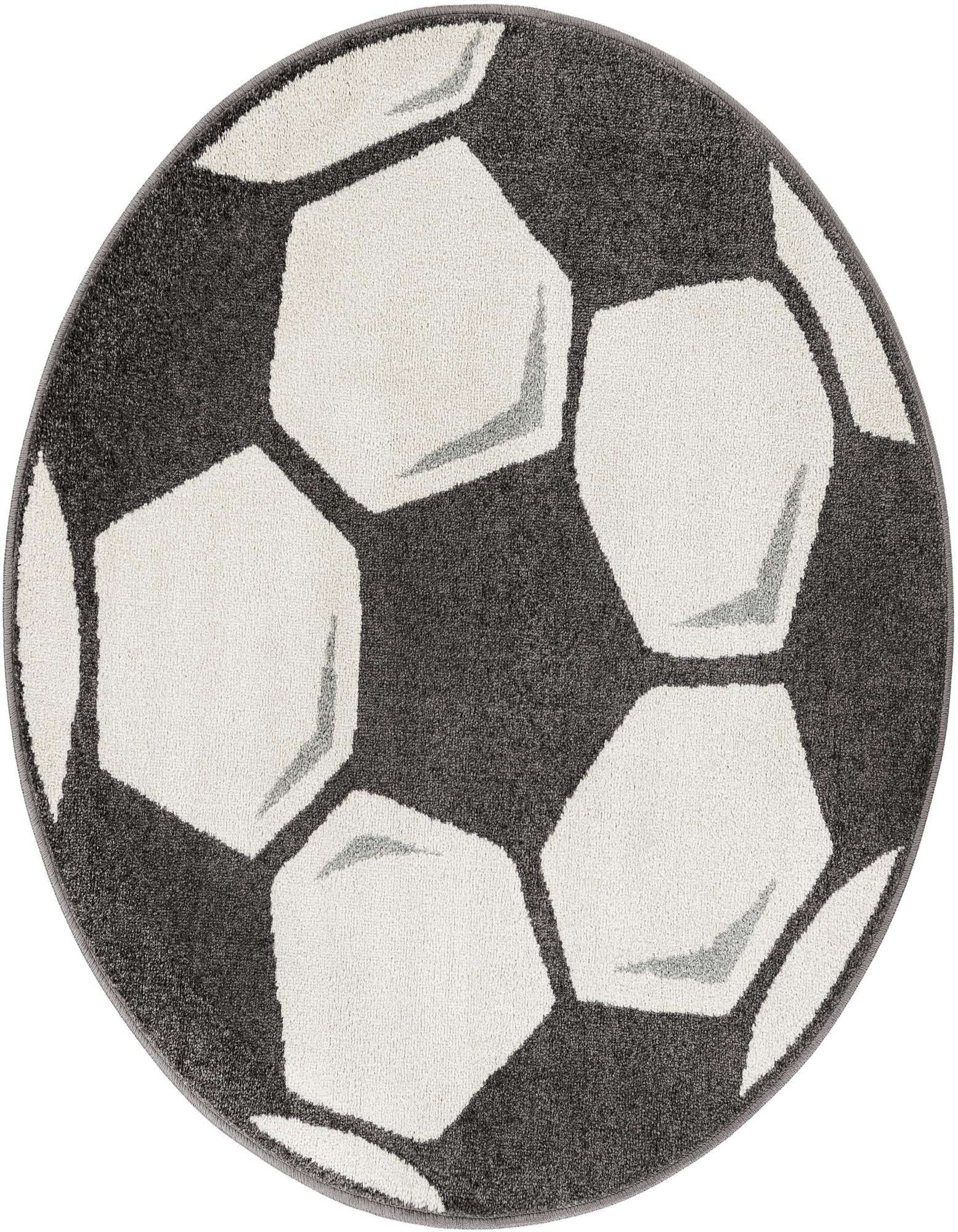 A round 4' 0 x 4' 0 black and white rug featuring a modern soccer ball pattern, perfect for a child's room.