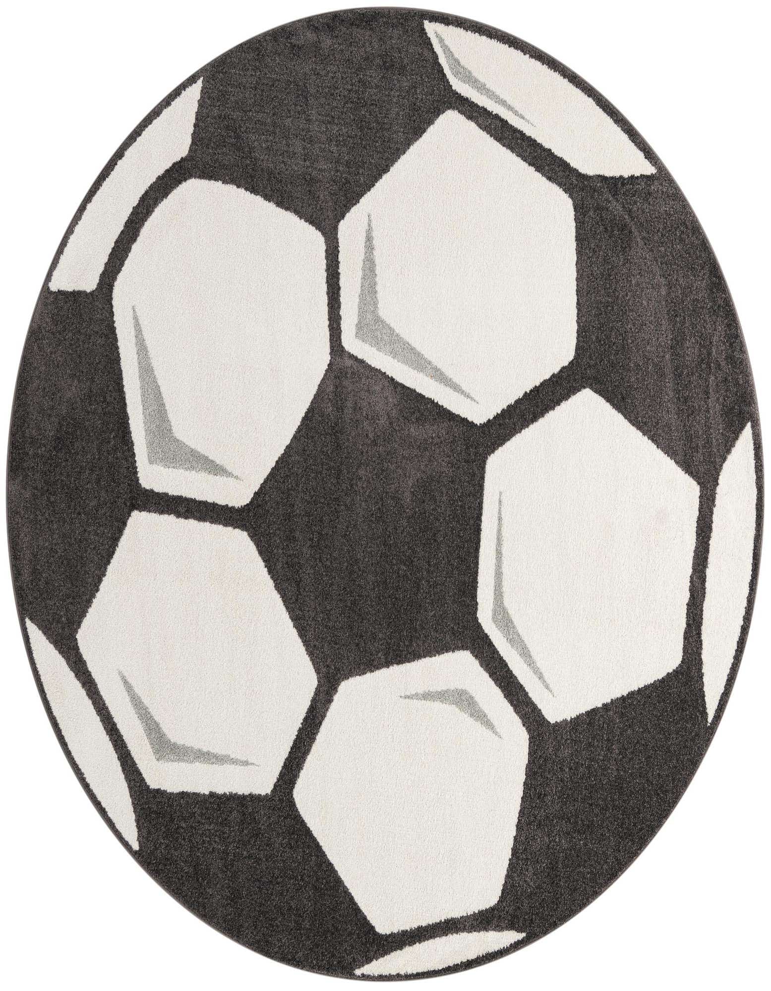 A 7' round black and white soccer ball rug with a modern, abstract pattern, ideal for a kid's room.