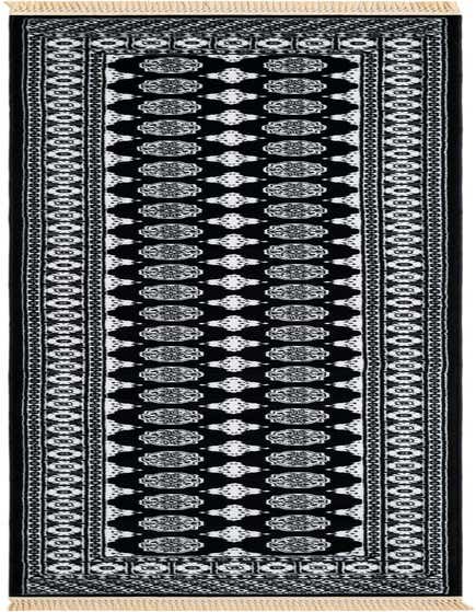 A 12 ft runner rug in black and white with an intricate traditional pattern and fringe, ideal for a hallway.