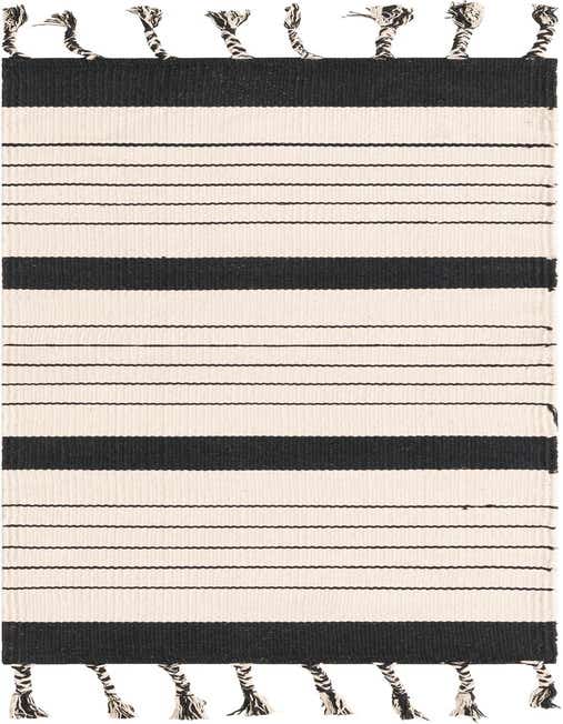 A 6 ft black and white striped cotton runner rug with braided tassels, ideal for a hallway or kitchen.