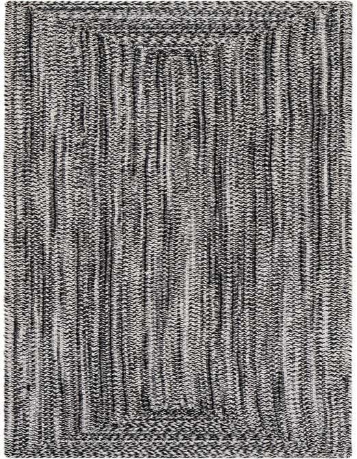 A black and white modern striped runner rug with a textured, braided look, suitable for a hallway or kitchen.