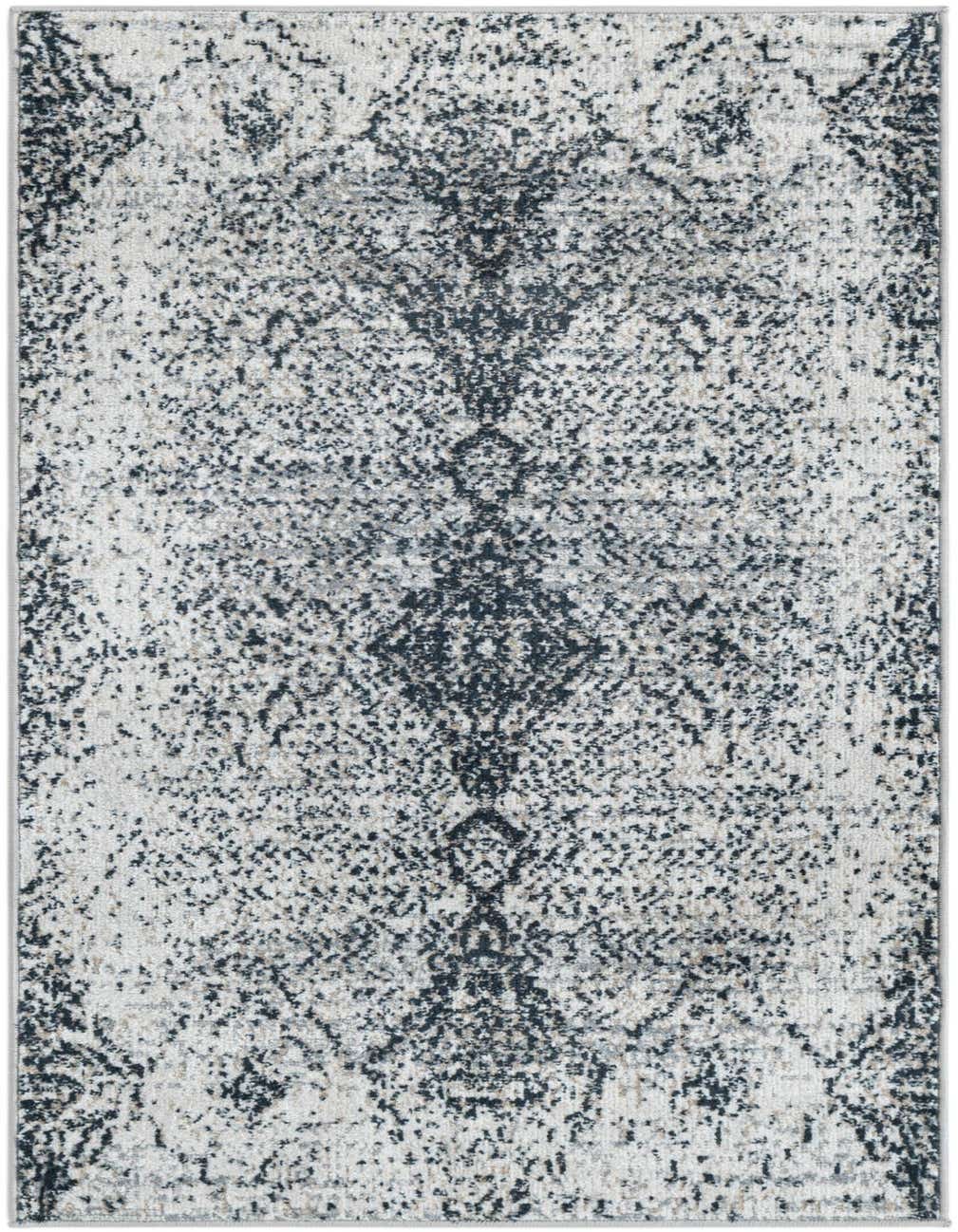 A 4 ft runner rug in black and ivory with a distressed traditional medallion pattern, ideal for a hallway.