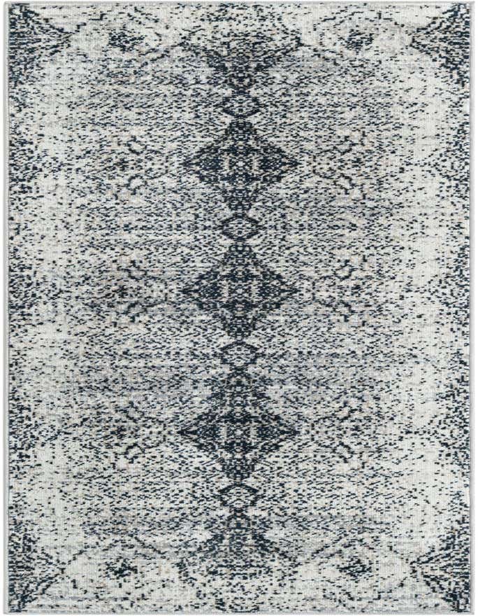 A 6 ft runner rug featuring a distressed black and white traditional medallion pattern, ideal for a hallway.