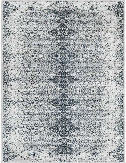 A Kamala Washable 8 Ft Runner rug featuring a distressed black and white traditional medallion pattern, ideal for a hallway.