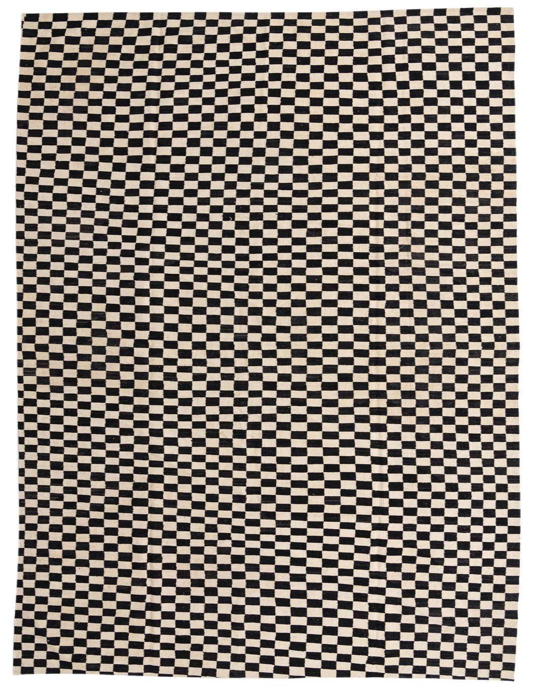 A 16 ft runner rug featuring a black and ivory checkerboard pattern, ideal for a hallway.