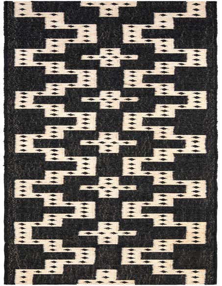 A black and cream 12 ft Kilim Wool runner rug with a tribal geometric pattern, ideal for a hallway.