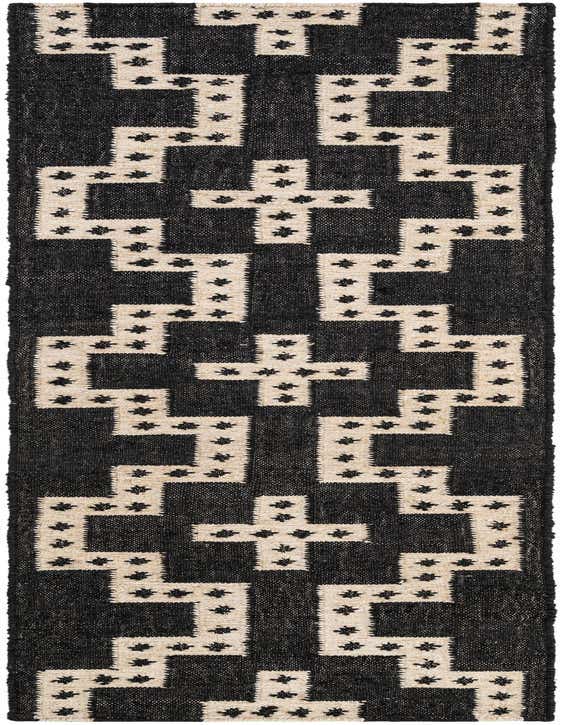 A black and ivory Kilim Wool runner rug with a tribal geometric pattern, ideal for a hallway or kitchen.
