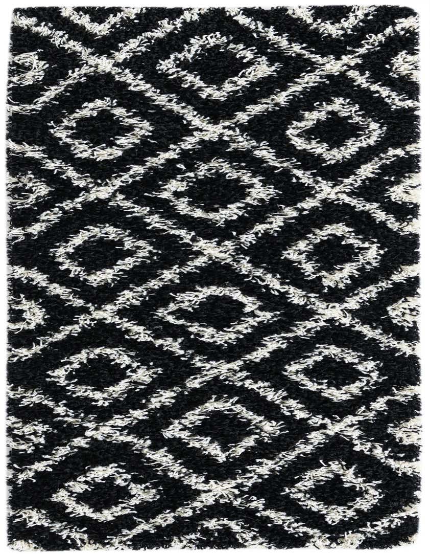 A black and white 5 ft runner rug with a modern geometric lattice pattern and high-low shag pile.