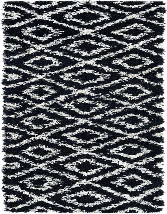 A black and white 8 ft runner rug with a modern geometric lattice pattern and a textured shag pile.