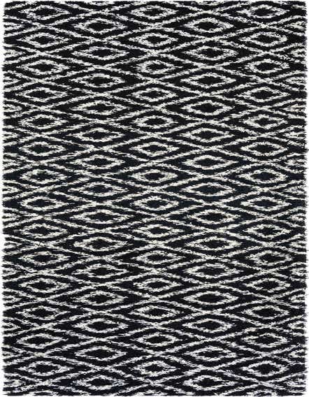 A 16 ft runner rug from the Rugs.com Lattice Shag collection, featuring a modern black and white geometric diamond pattern with a textured high/low pile.