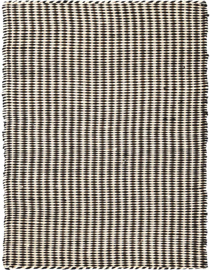 A 5 ft runner rug with a modern black and cream woven pattern, ideal for hallways.