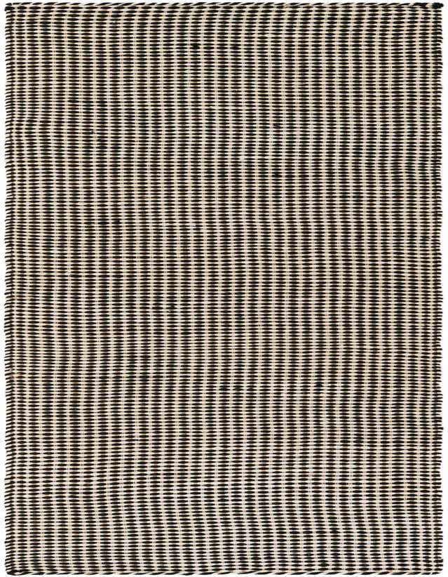 A black and cream 8 ft runner rug with a modern textured flatweave pattern, ideal for a hallway or kitchen.