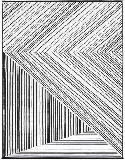 A black and white modern runner rug featuring a bold geometric stripe pattern with converging lines, ideal for a hallway.