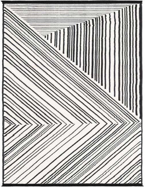 A black and white 8 ft runner rug featuring a modern geometric stripe pattern with varying line directions.